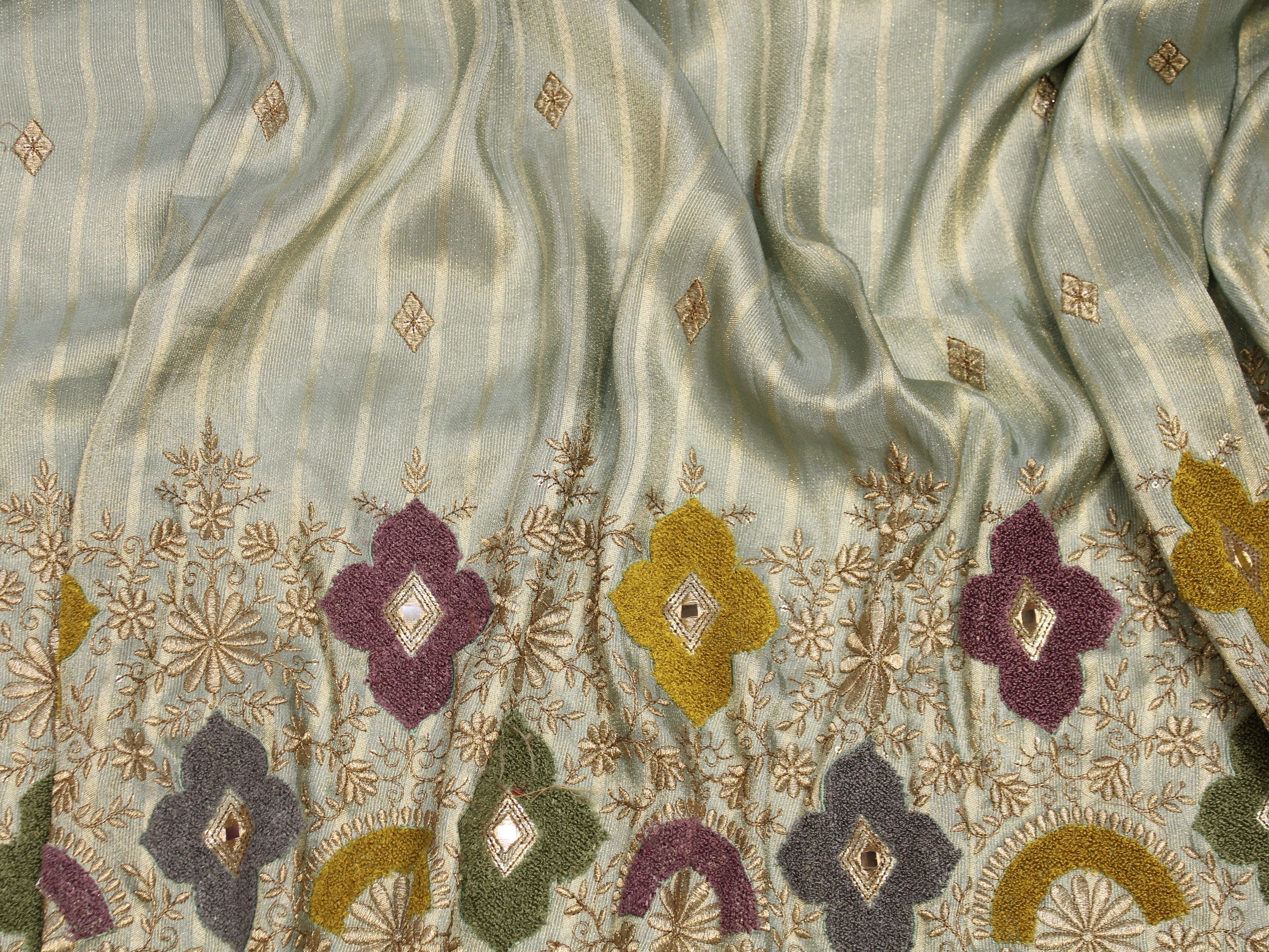 Embossed Velvet Appliqué Panel Fabric — 54 Inch | Gold Zari Jaal | Mirror Work | Scalloped Border