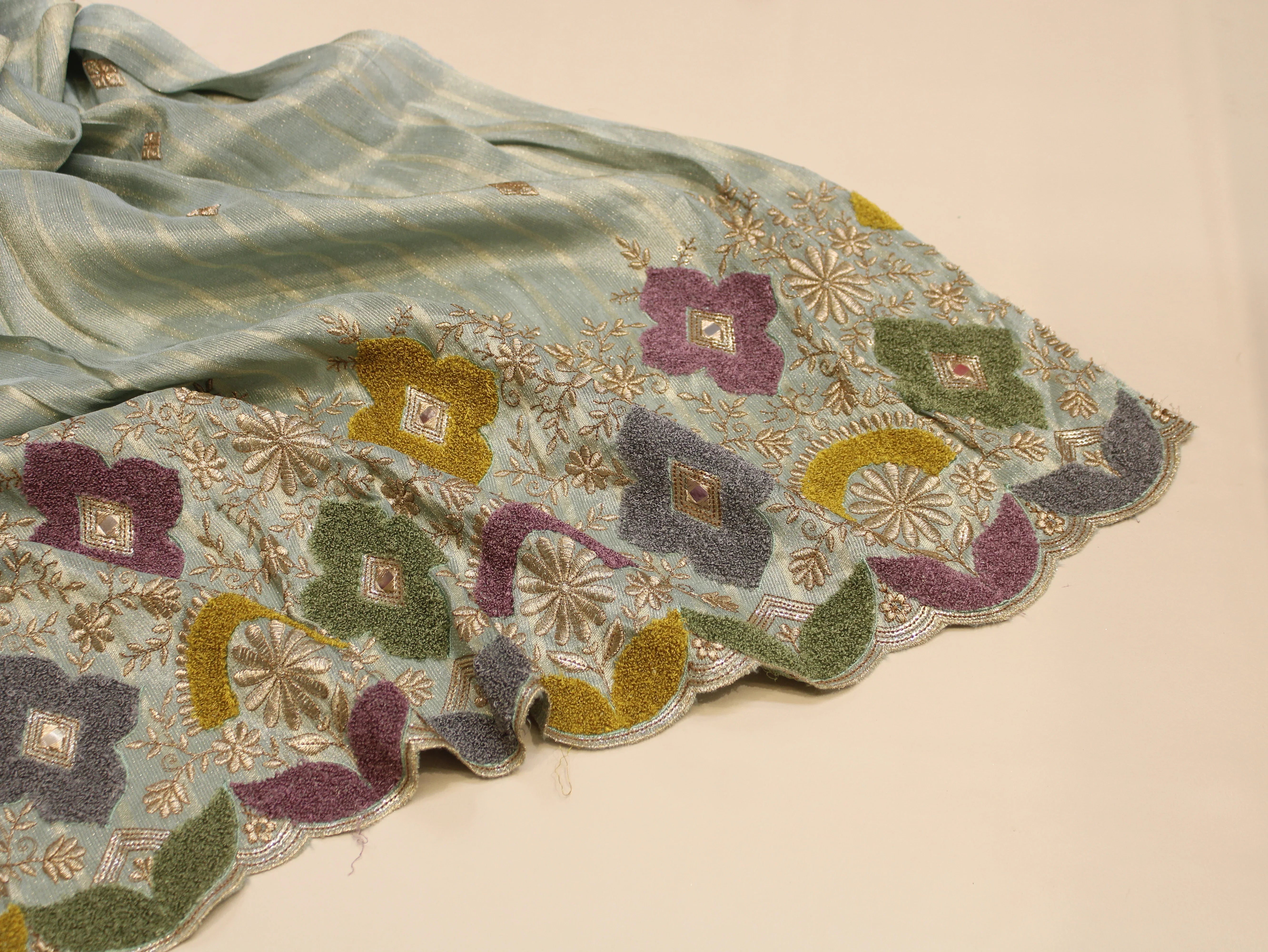 Embossed Velvet Appliqué Panel Fabric — 54 Inch | Gold Zari Jaal | Mirror Work | Scalloped Border