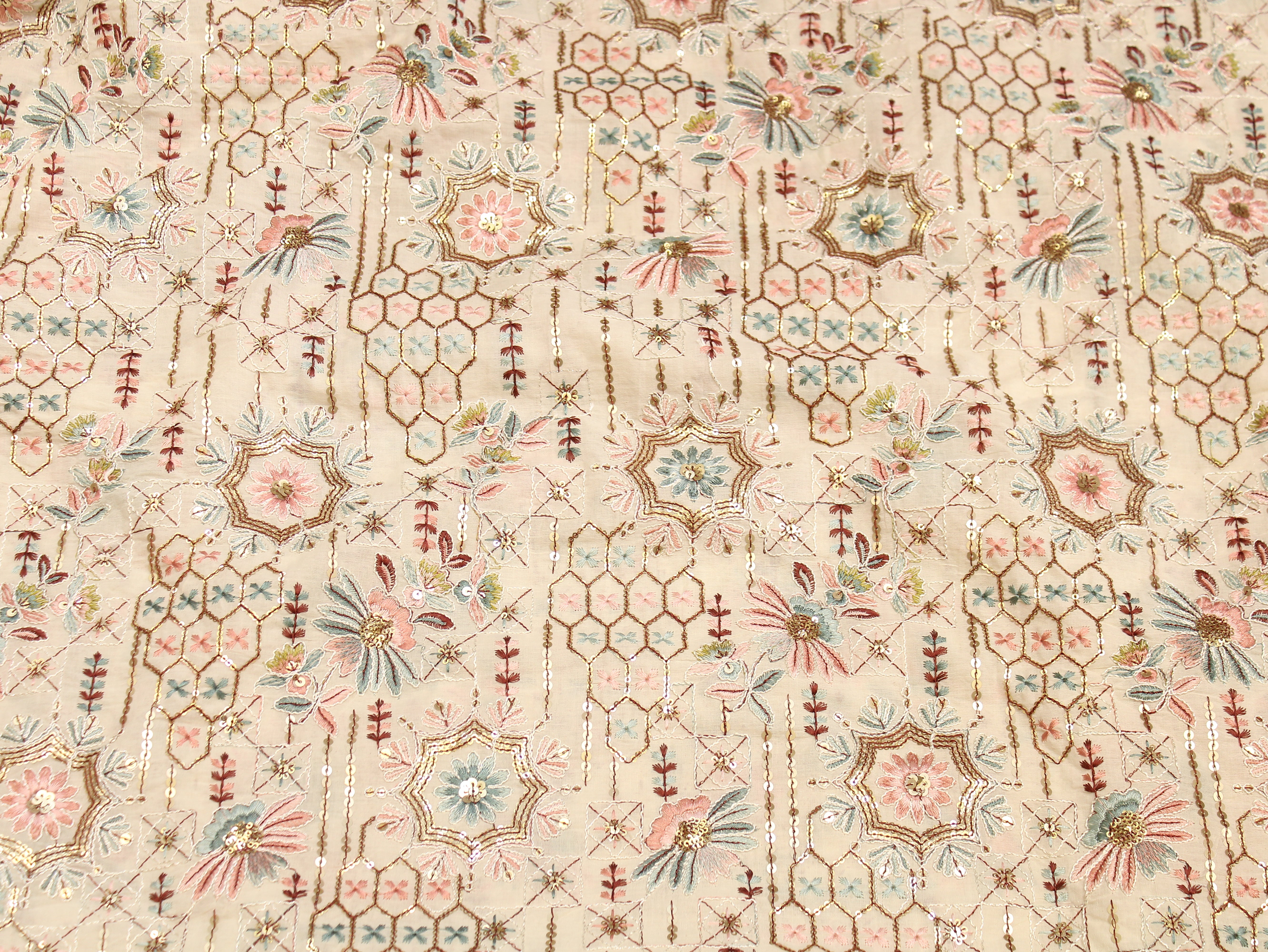 Pure Cotton Embroidery Fabric — Ivory | Thread & Sequin Work | M'Foks