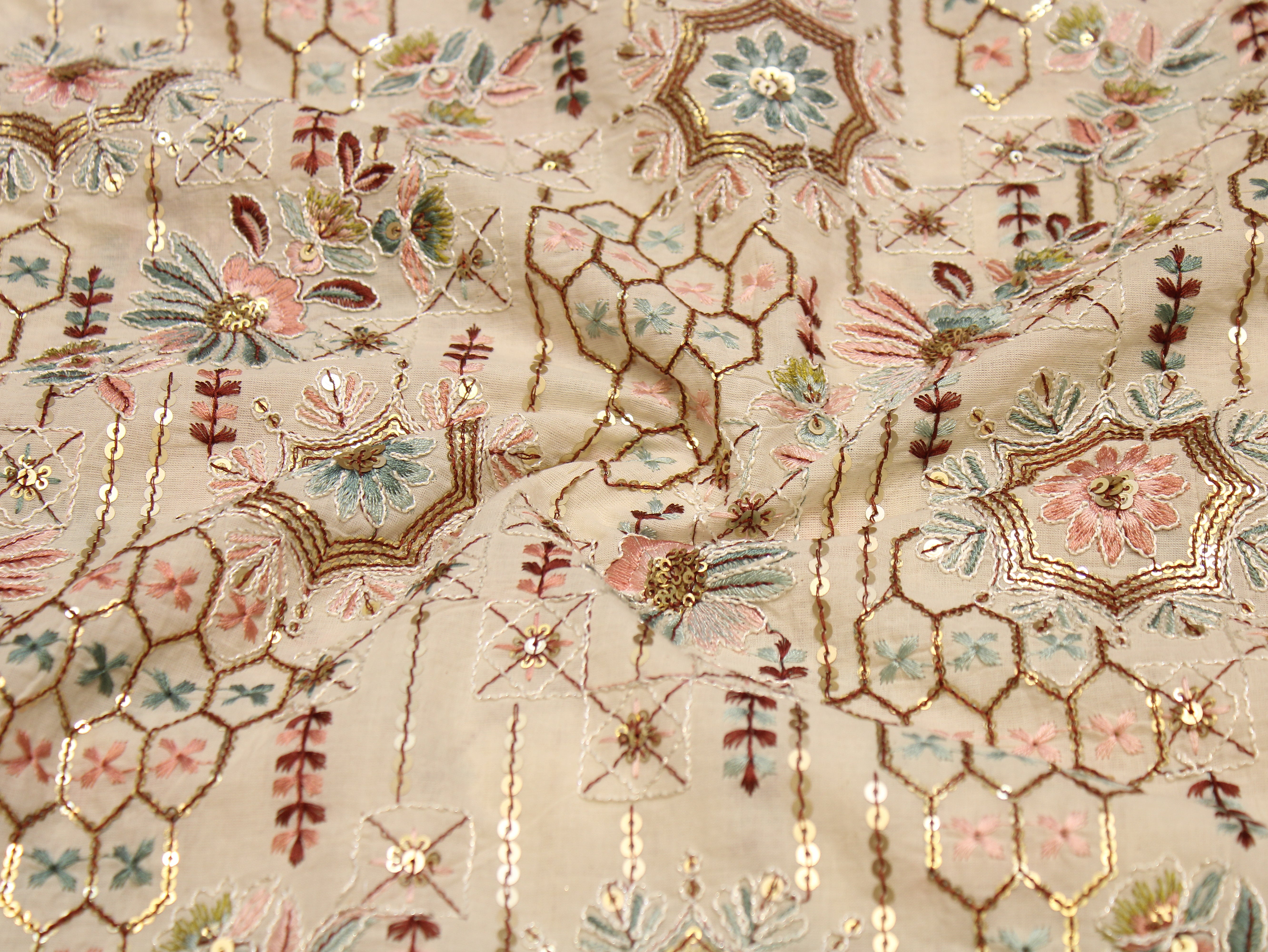Pure Cotton Embroidery Fabric — Ivory | Thread & Sequin Work | M'Foks