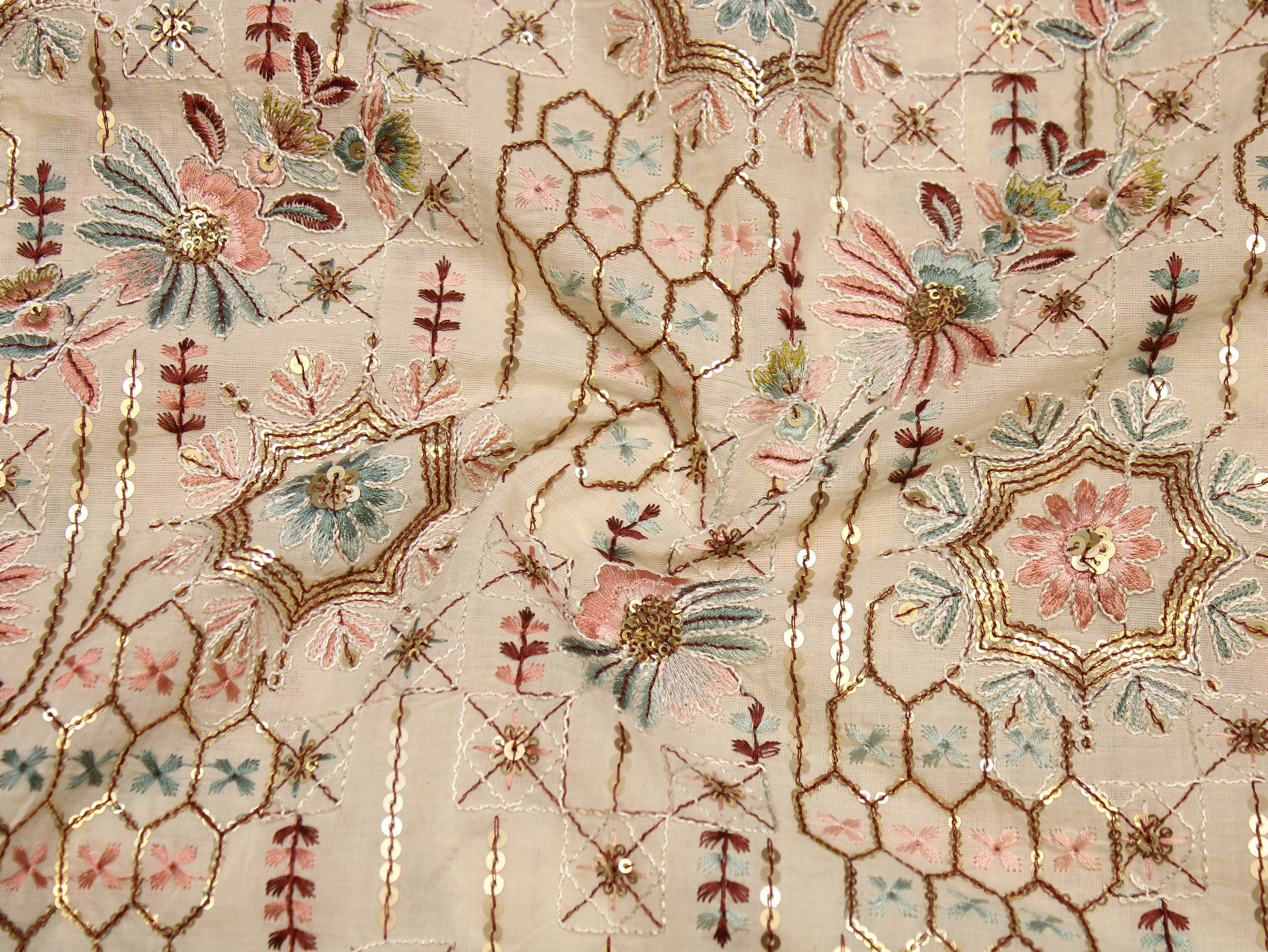 Pure Cotton Embroidery Fabric — Ivory | Thread & Sequin Work | M'Foks