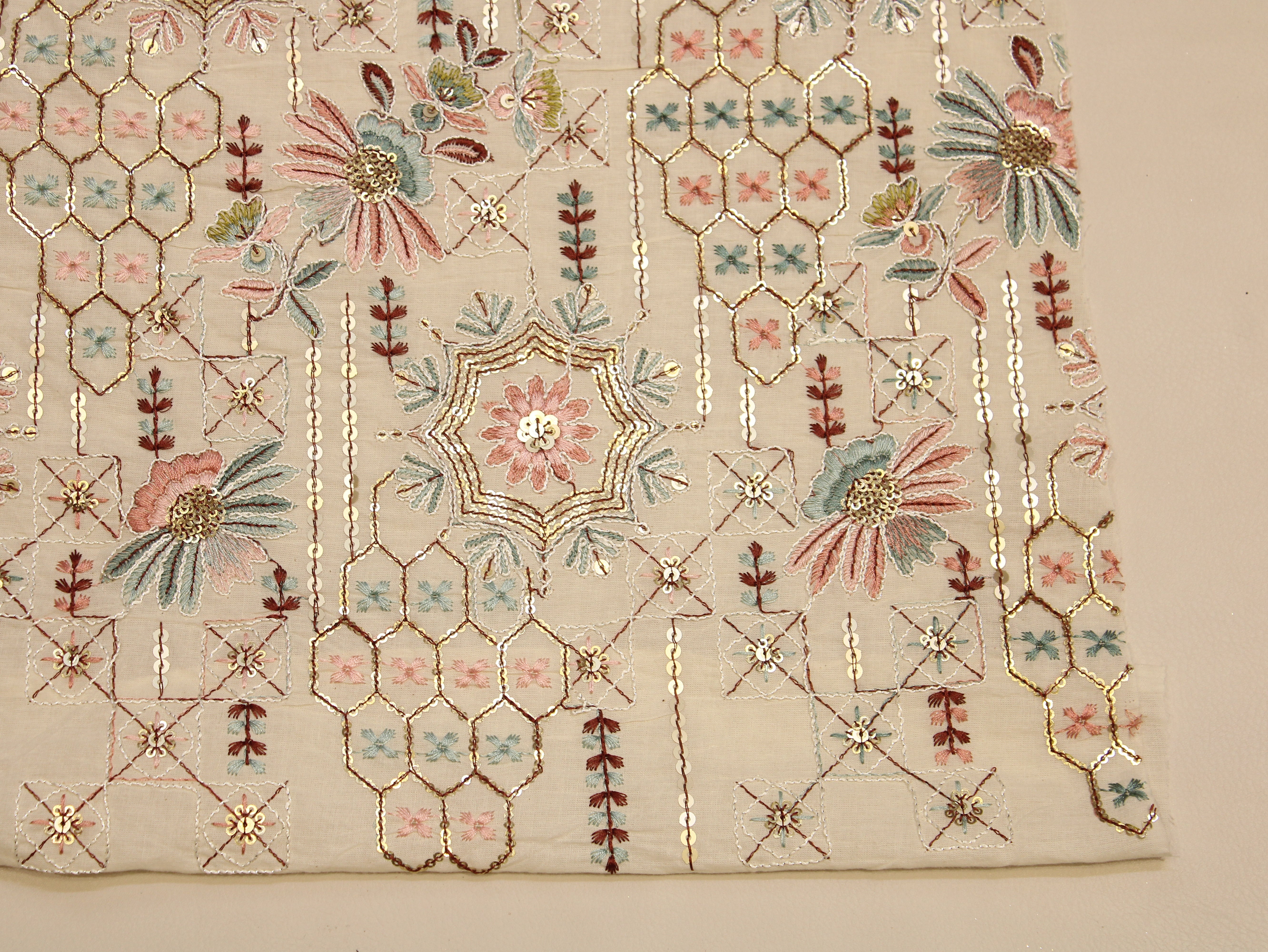 Pure Cotton Embroidery Fabric — Ivory | Thread & Sequin Work | M'Foks