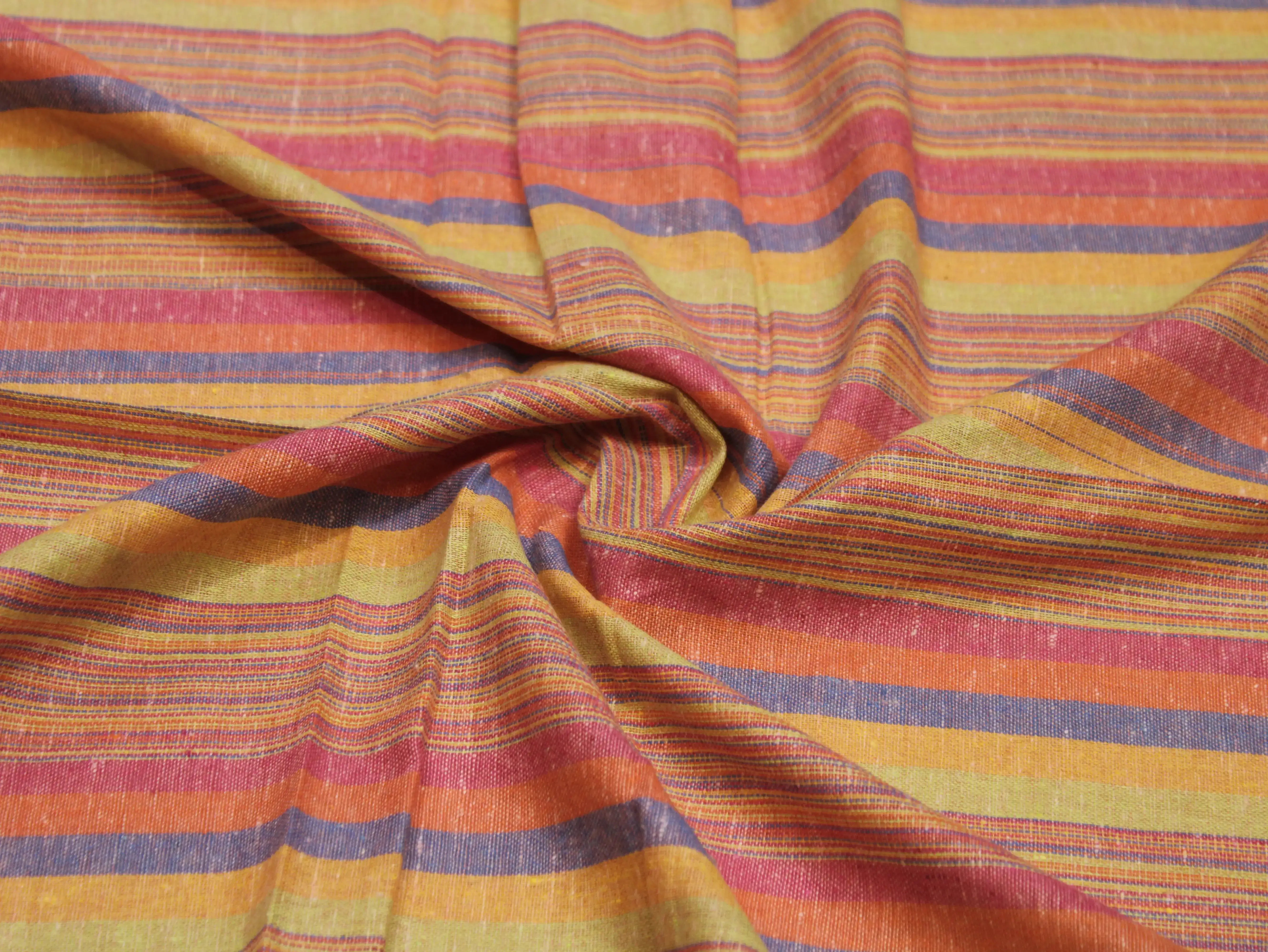 Vibrant multicolor striped Indian cotton fabric with orange, yellow, and purple threads