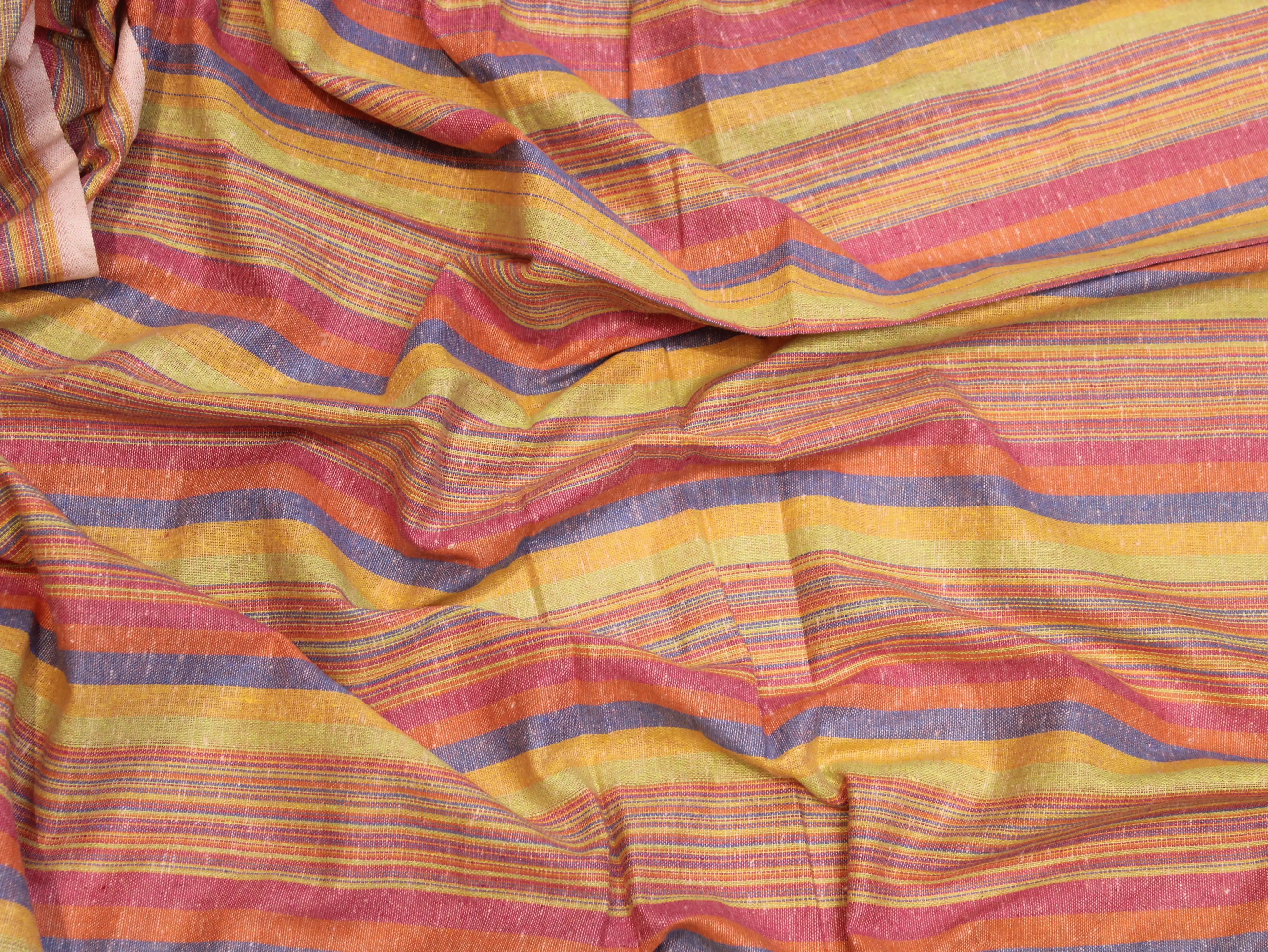 Multicolor striped pure cotton Indian fabric with yellow, orange, red, and purple tones