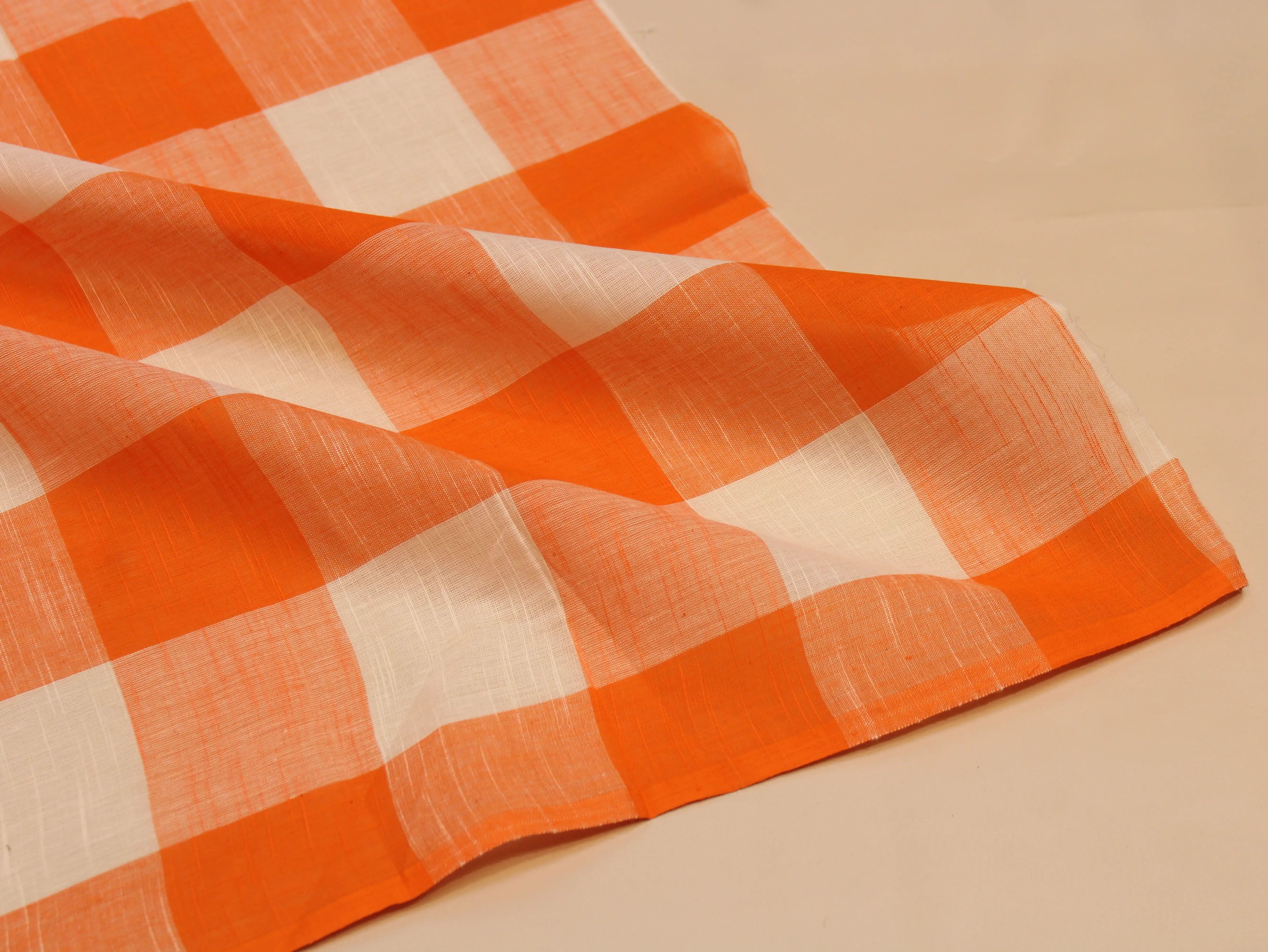 Pure Cotton Handloom Woven Fabric — Orange | Checked | 44 Inch