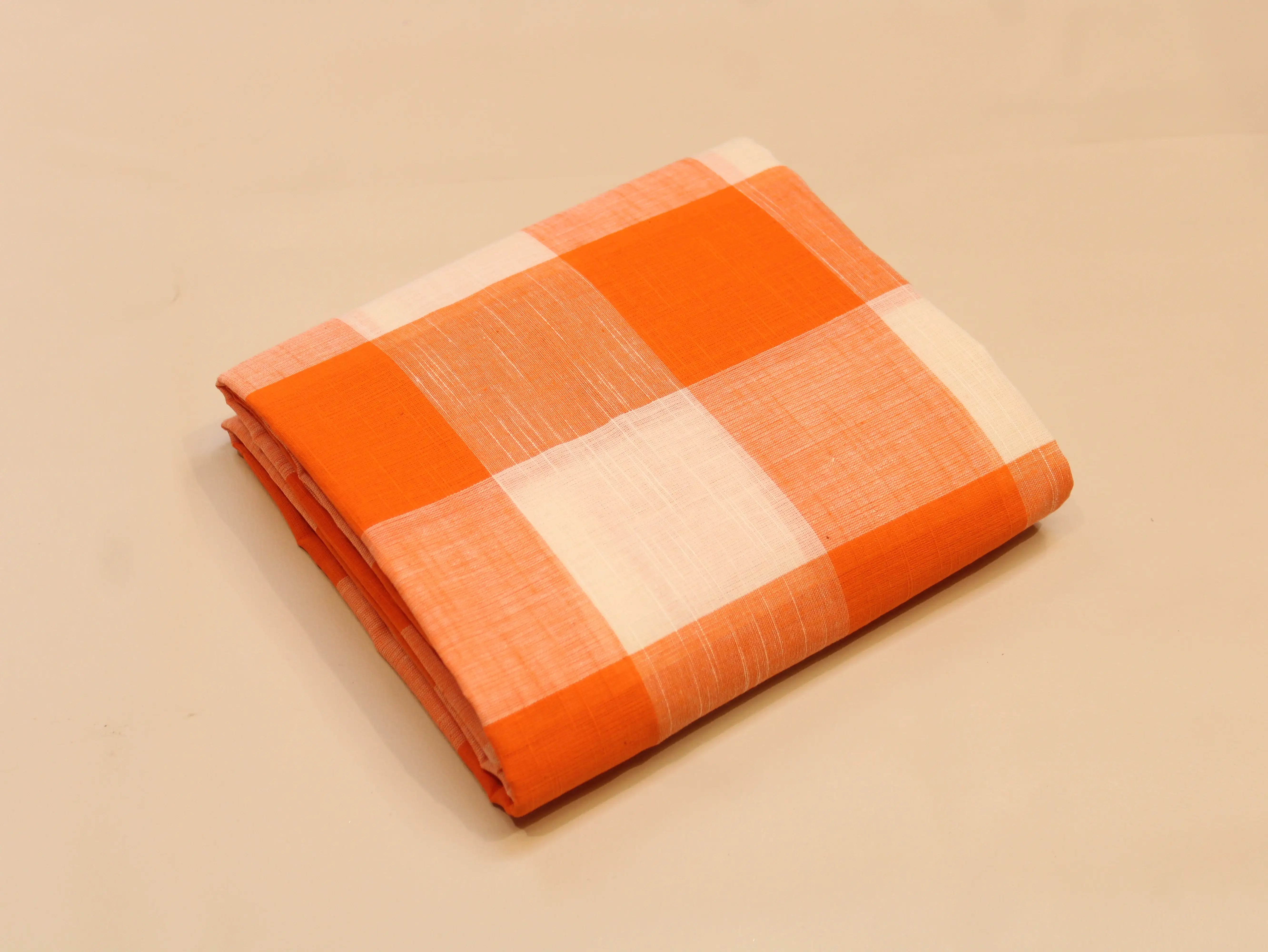 Pure Cotton Handloom Woven Fabric — Orange | Checked | 44 Inch