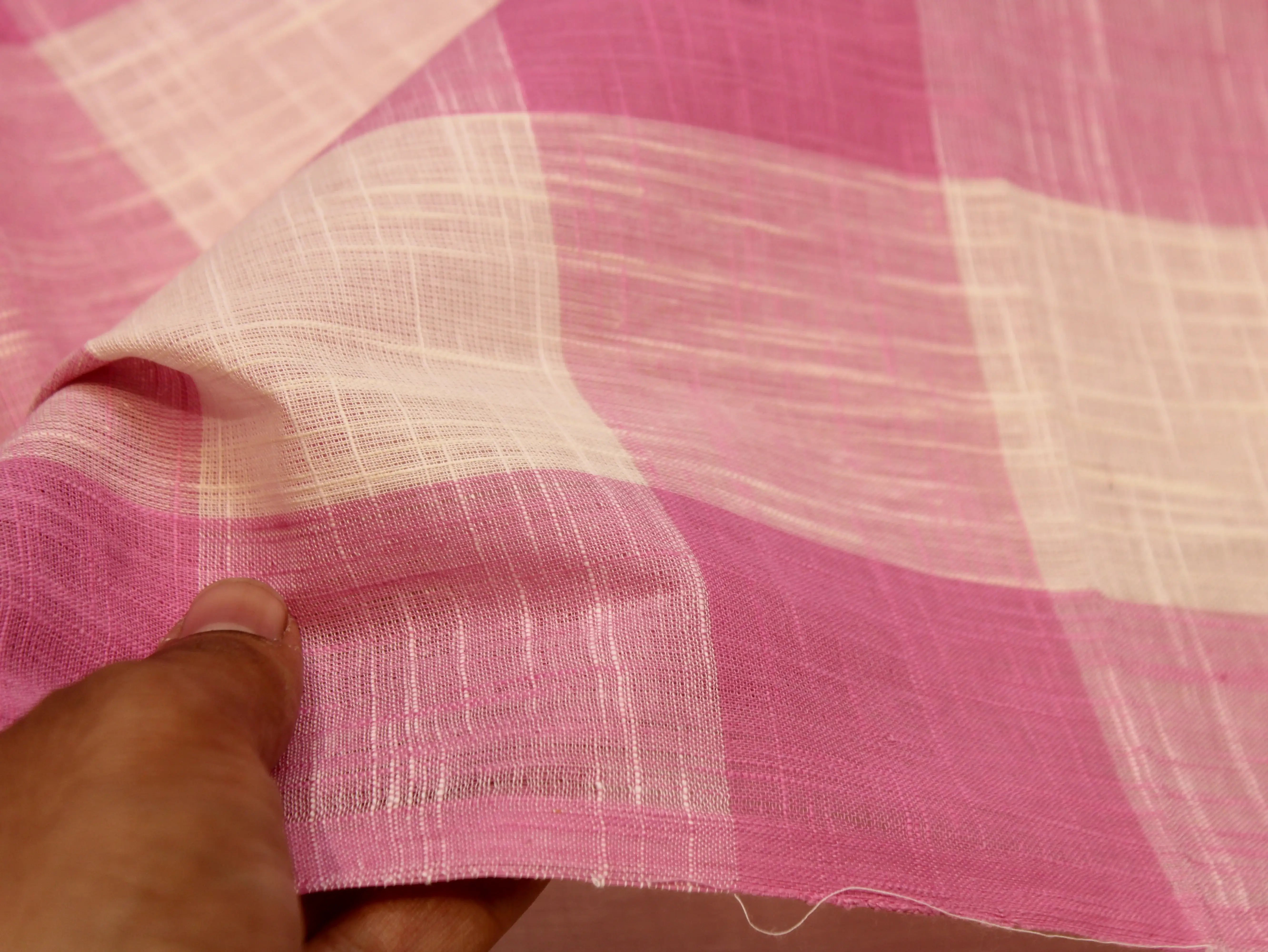 Pure Cotton Handloom Woven Fabric — Light Pink | Checked | 44 Inch