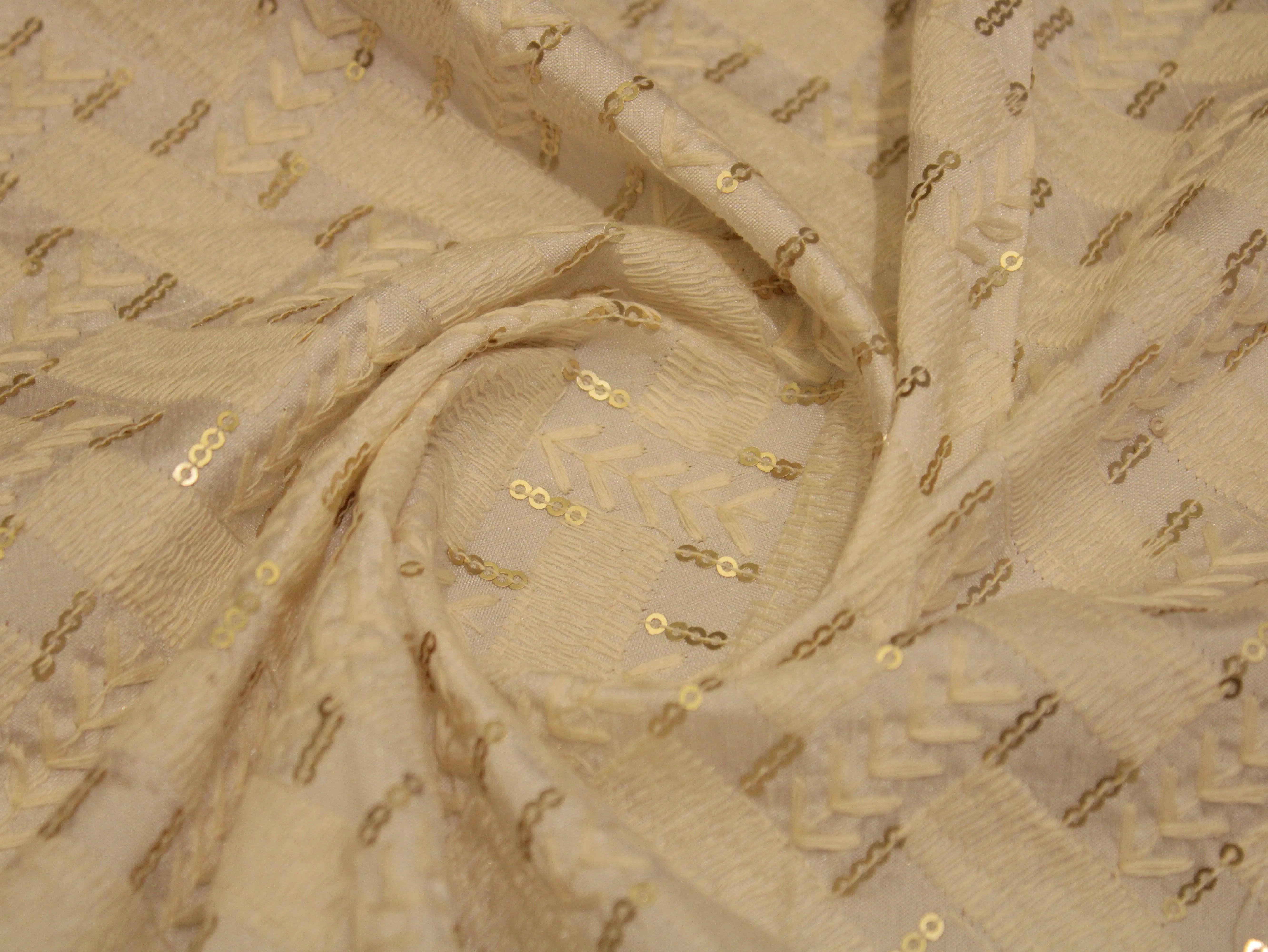 Raw Silk Thread & Sequin Work Fabric - White Dyeable