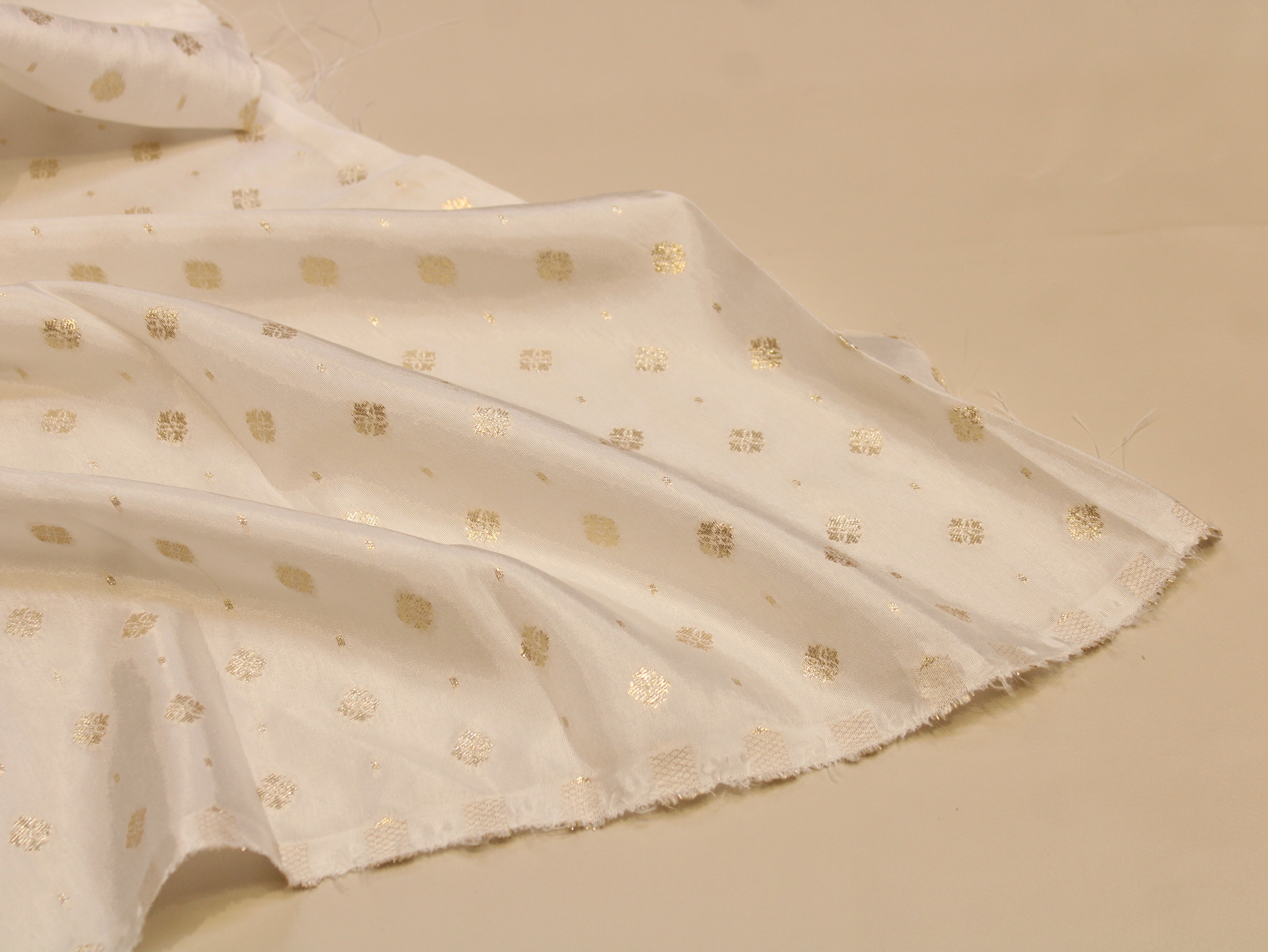 Dyeable Dola Silk Fabric — White | Gold Zari Woven Butti Allover | 44 Inch
