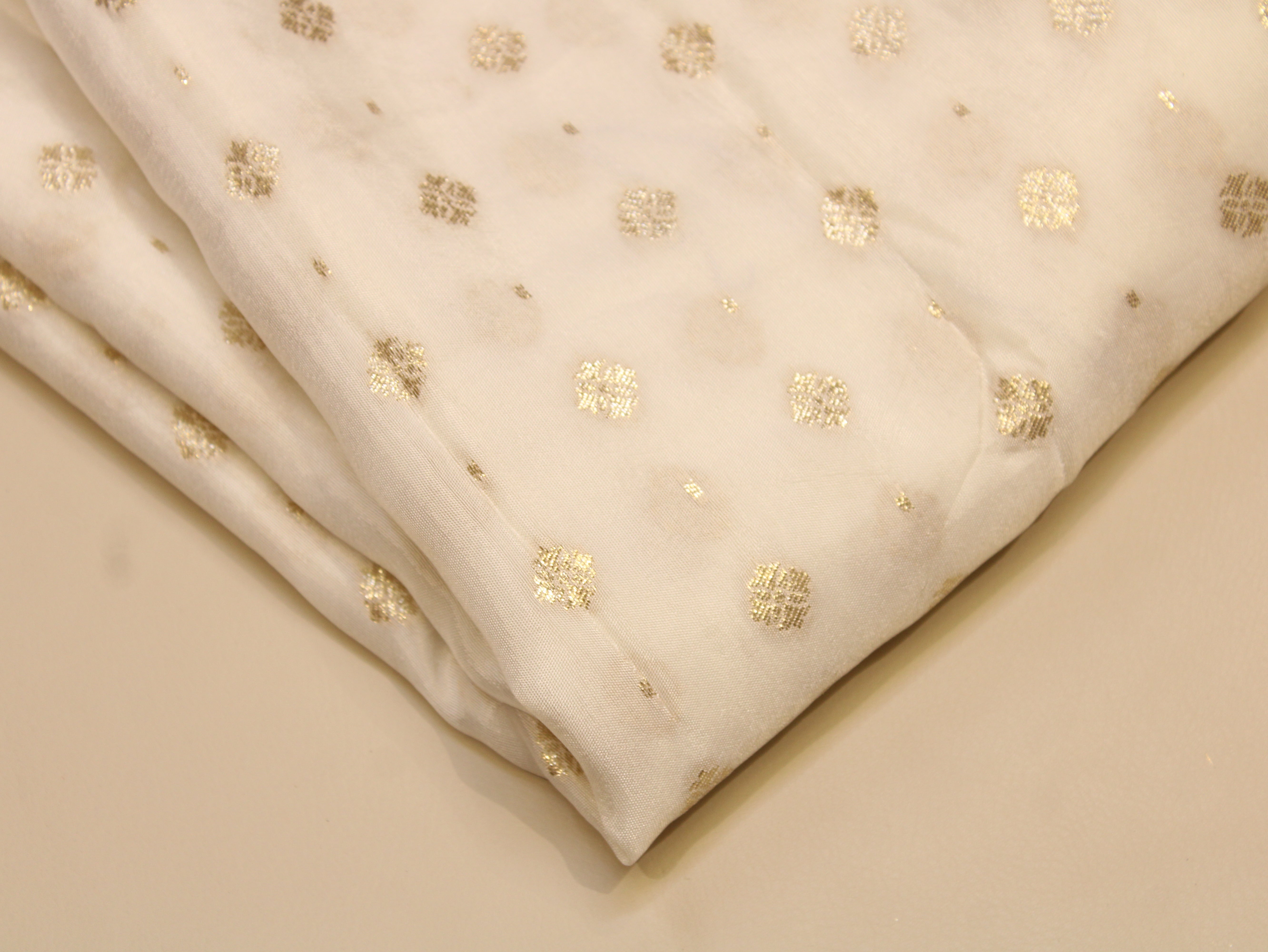 Dyeable Dola Silk Fabric — White | Gold Zari Woven Butti Allover | 44 Inch