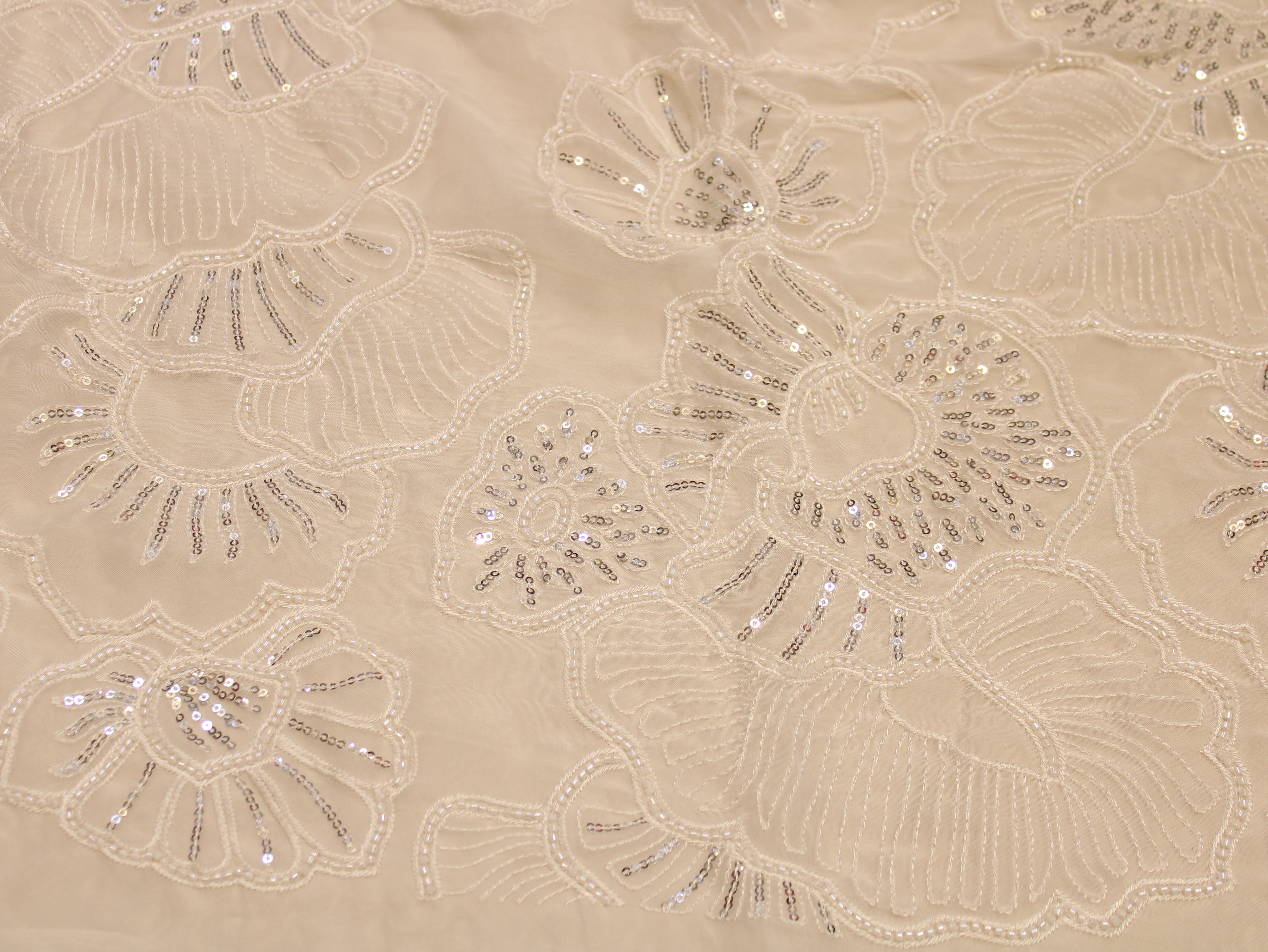 Dyeable Viscose Organza Fabric — Champagne | Floral Sequin & Thread Heavy Work | 44 Inch
