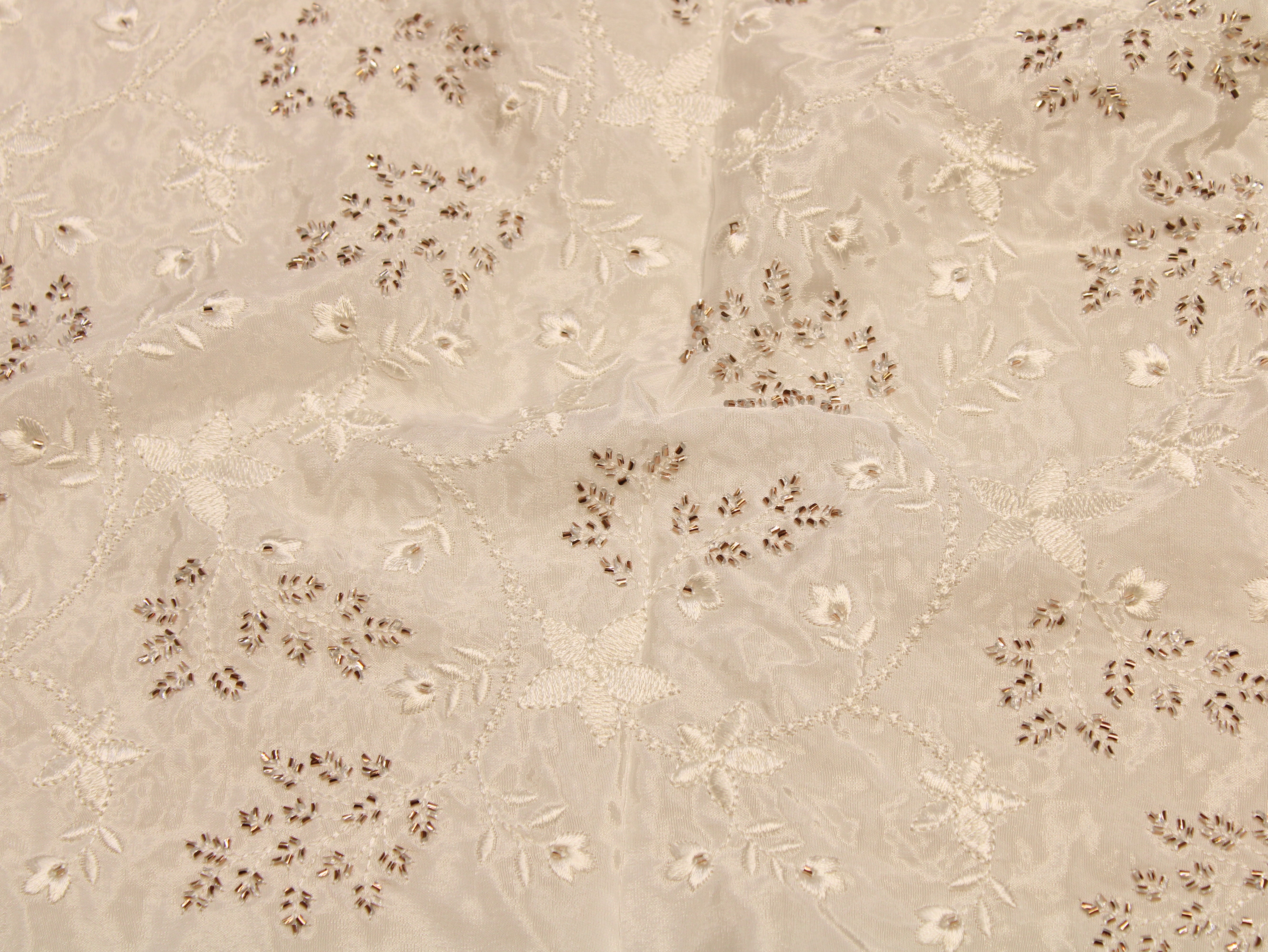 Dyeable Natural Crepe Fabric — Champagne | Semi Beads & Thread Floral Work | 44 Inch | Per Metre