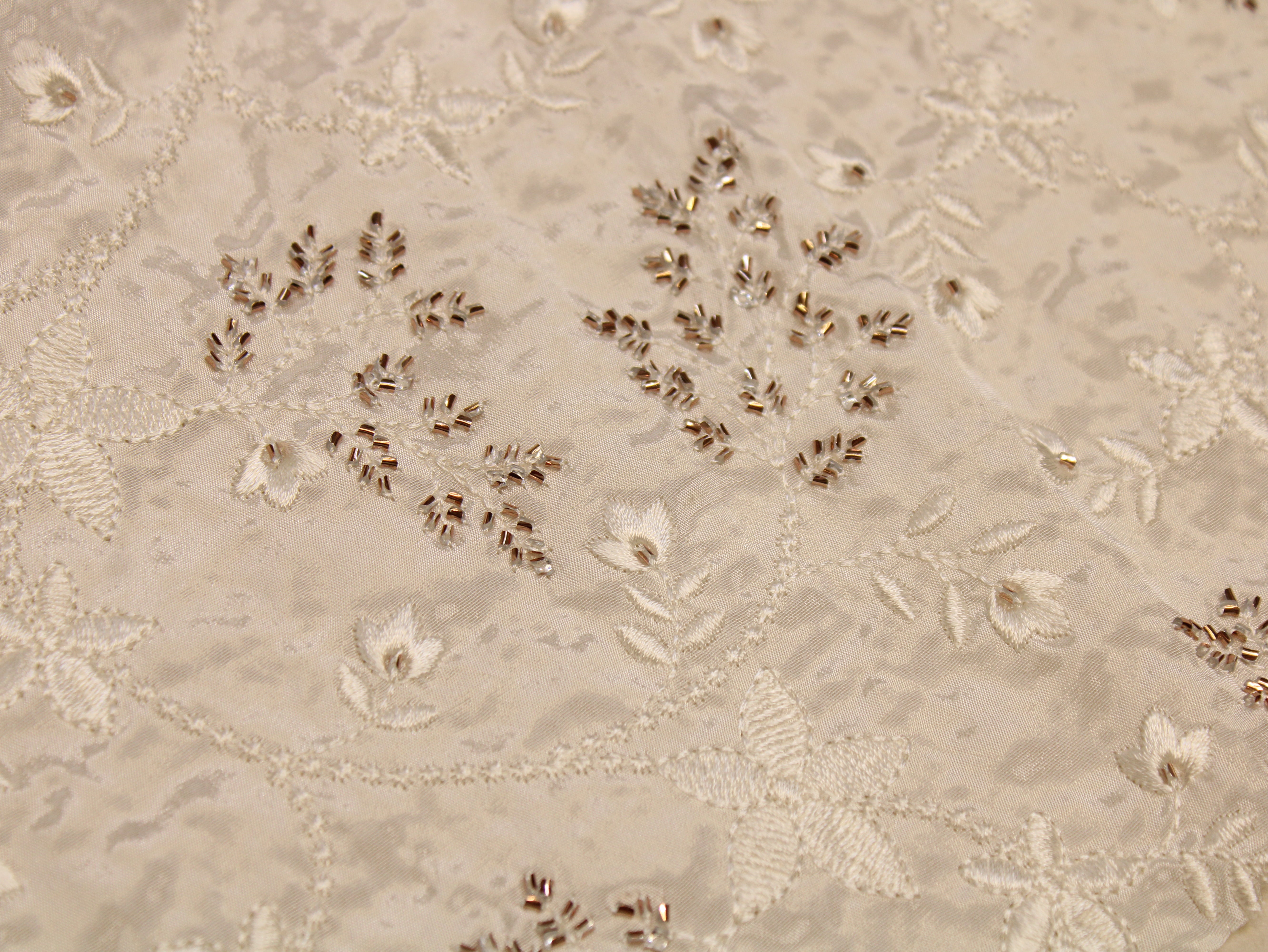Dyeable Natural Crepe Fabric — Champagne | Semi Beads & Thread Floral Work | 44 Inch | Per Metre