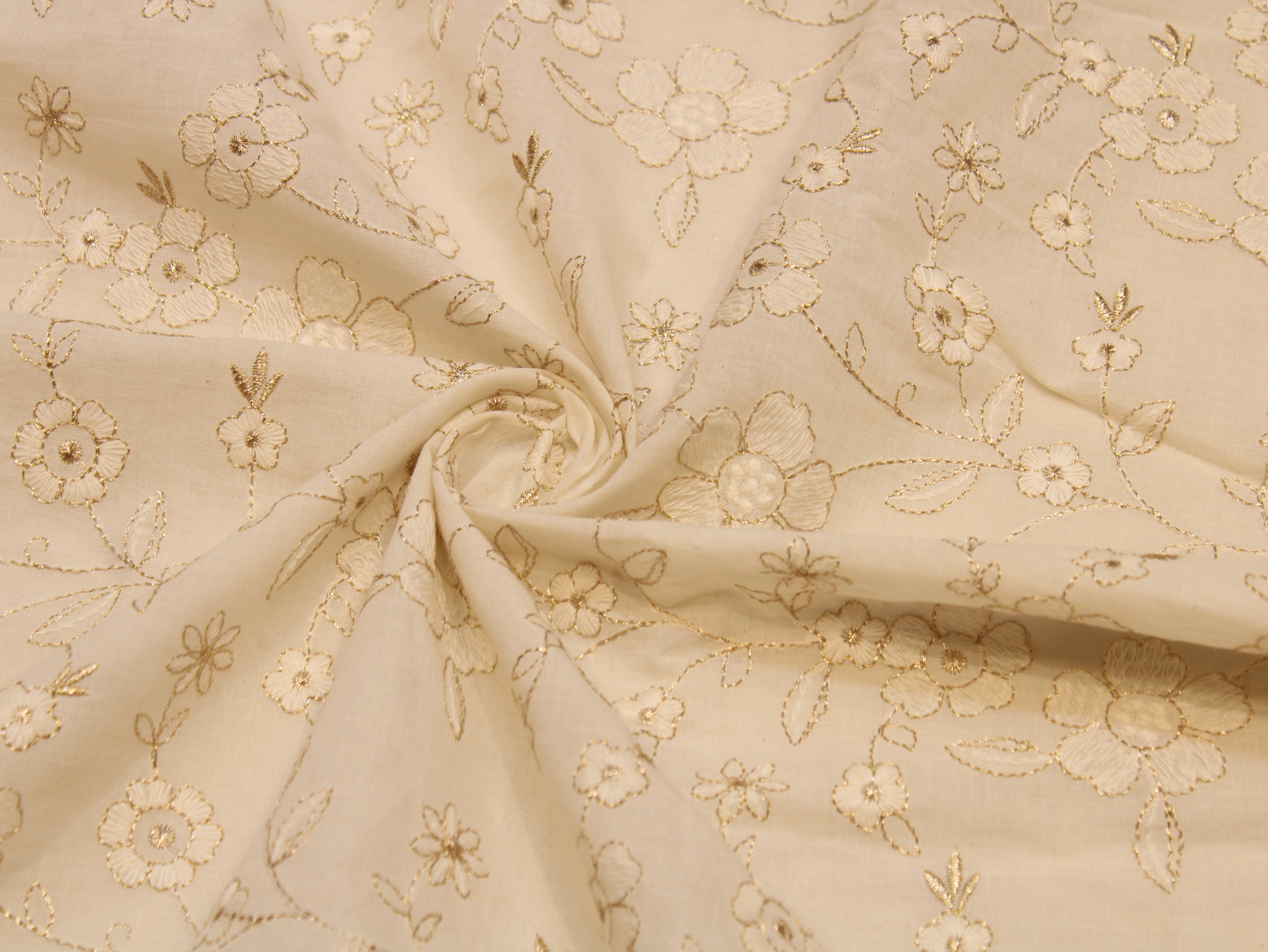 Dyeable Cora Cotton Fabric — White | Gold Zari & Thread Floral Embroidery | Botanical Vine | 44 Inch
