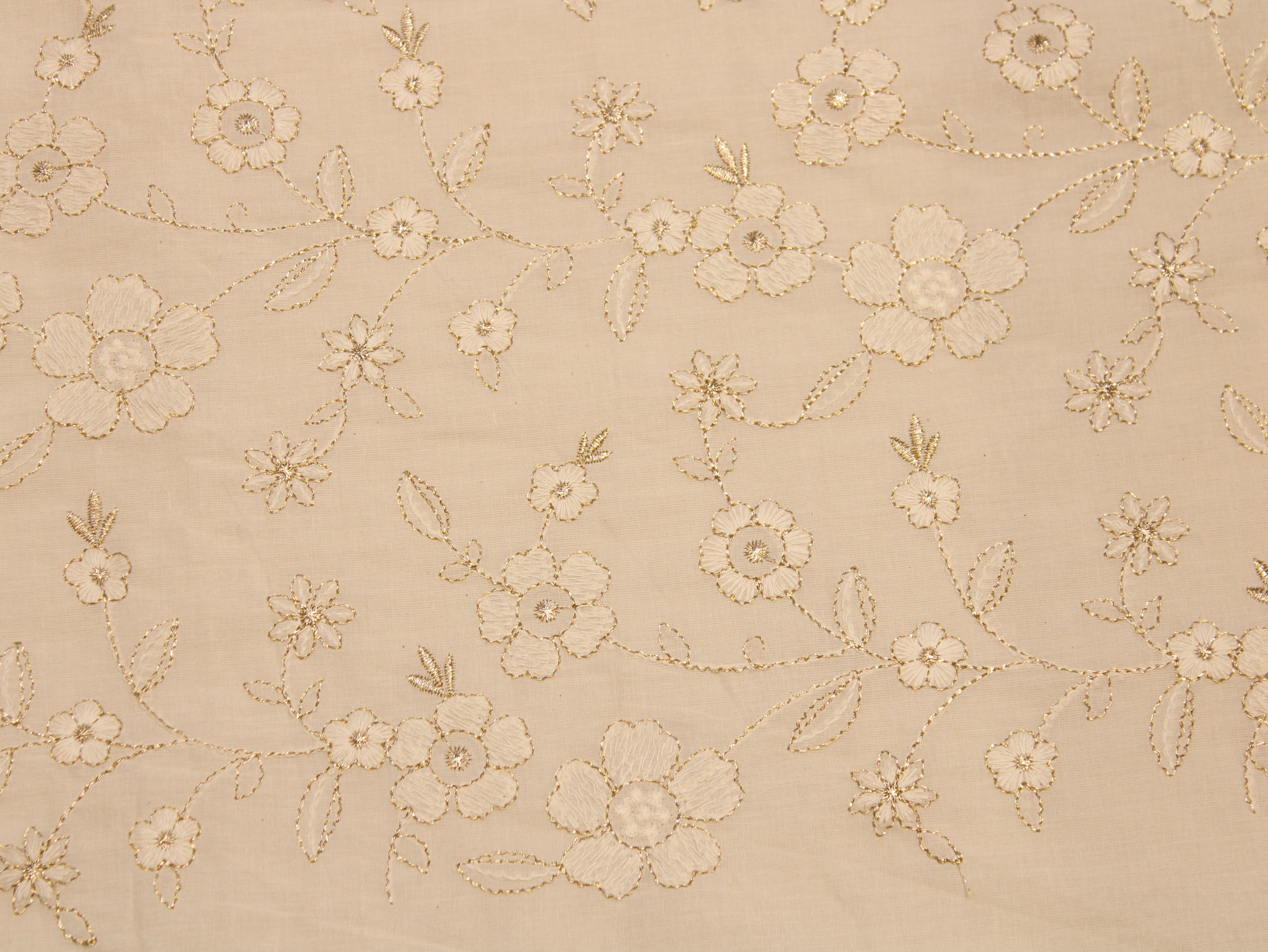 Dyeable Cora Cotton Fabric — White | Gold Zari & Thread Floral Embroidery | Botanical Vine | 44 Inch