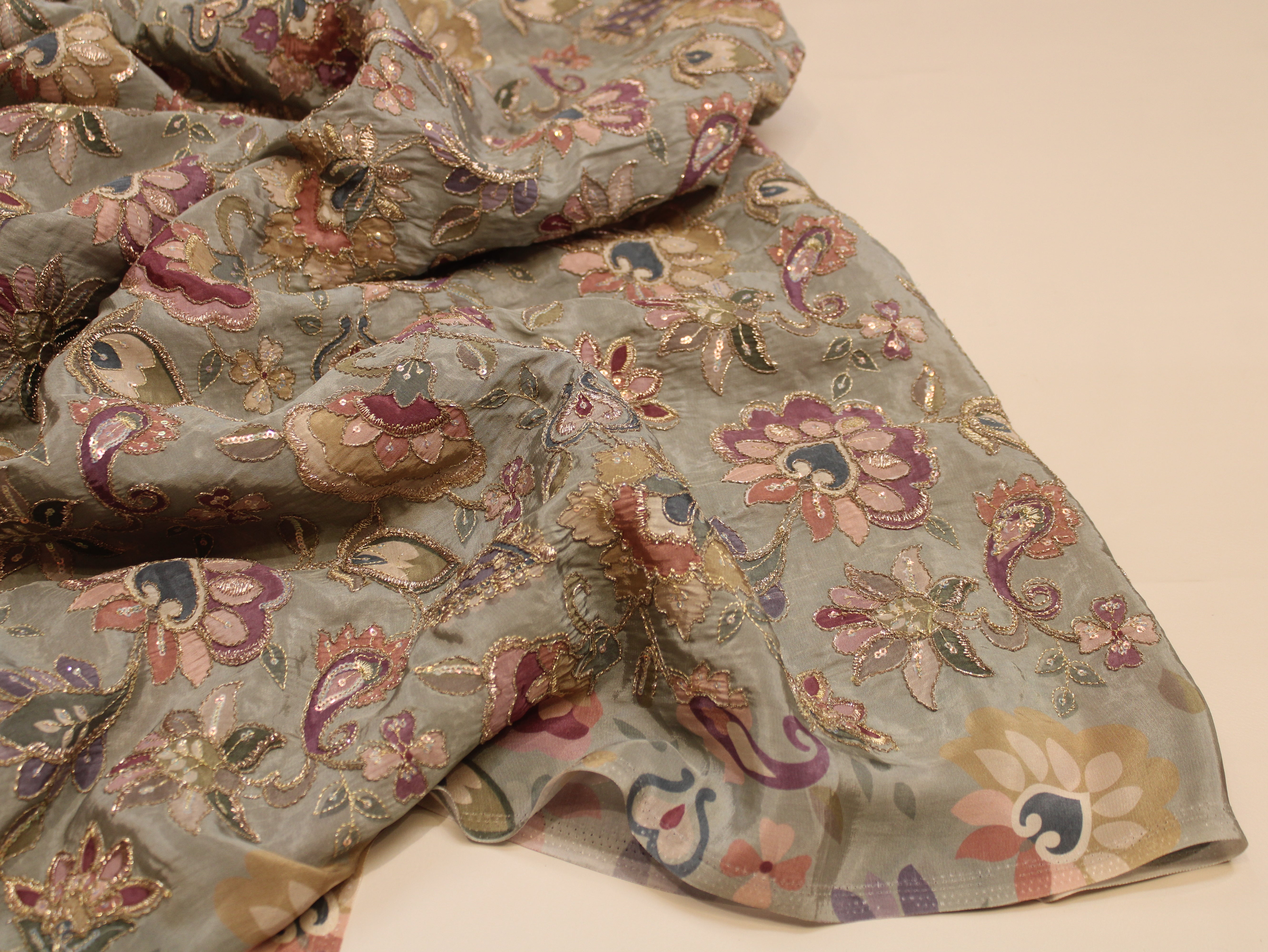 Natural Crepe Position & Cording Work Fabric — Sage Green | Gold Zari | 44 Inch