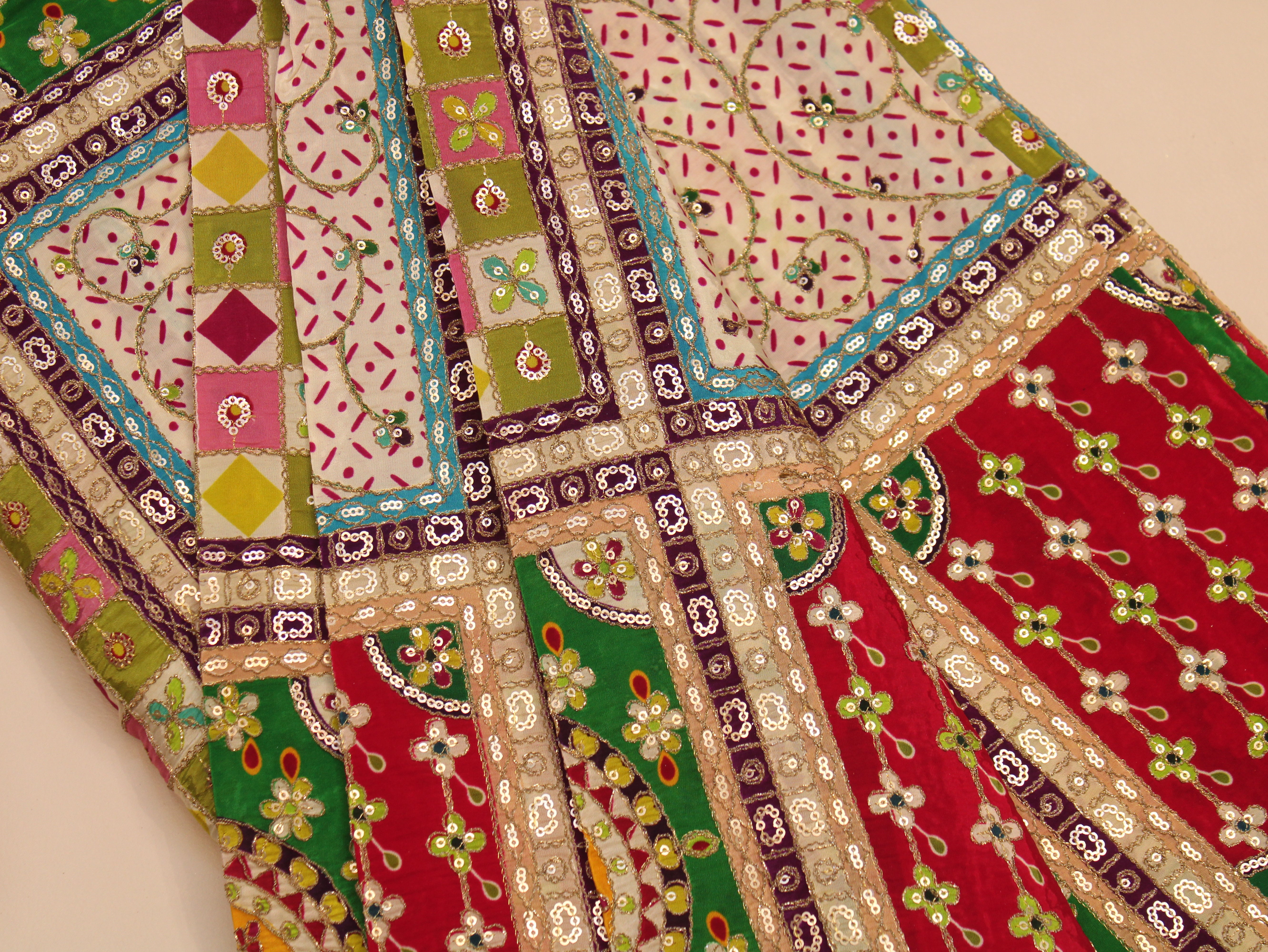 Natural Crepe Heavy Position Print Fabric With Cording & Sequin Work | Patchwork Design