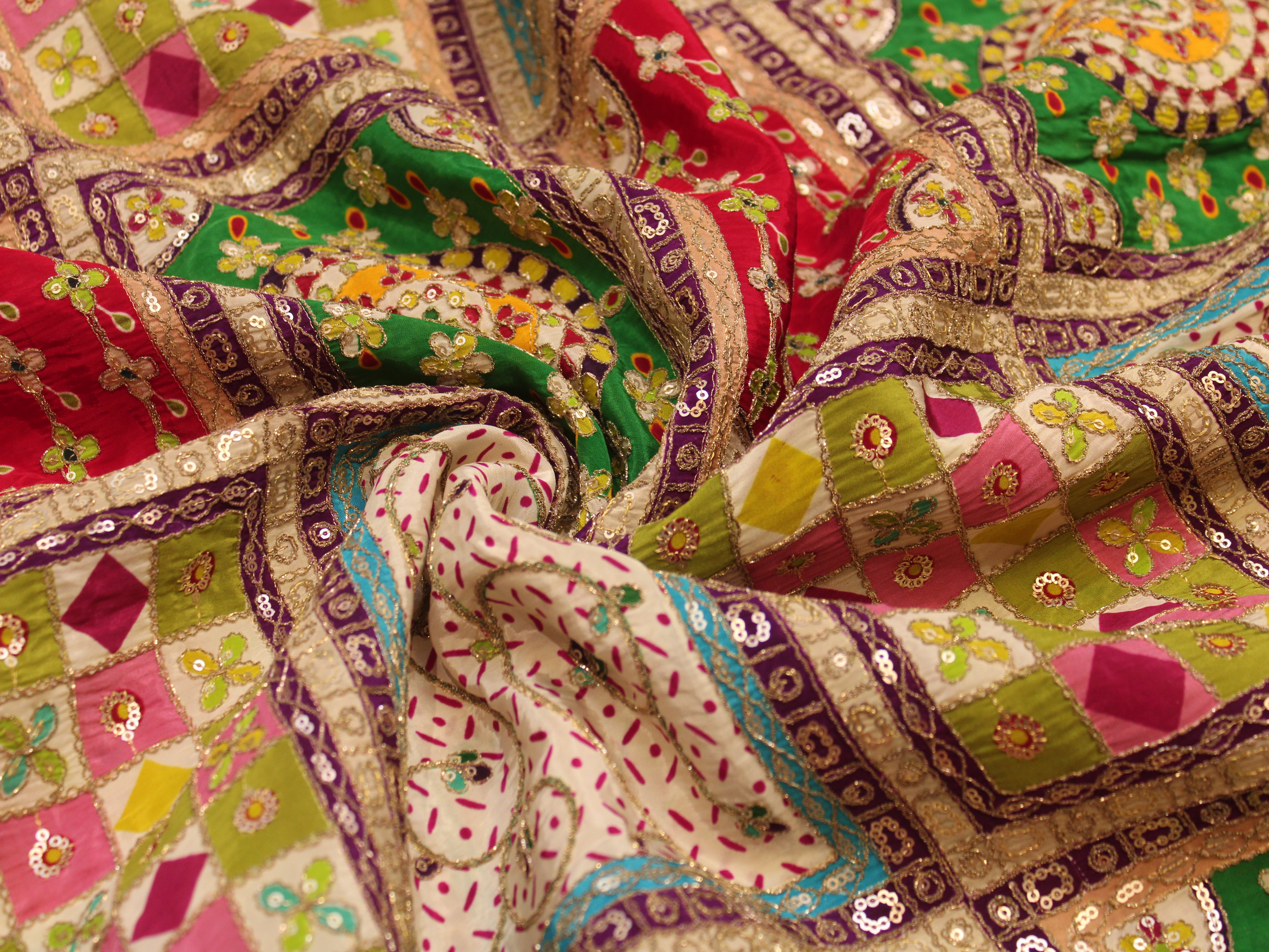 Natural Crepe Heavy Position Print Fabric With Cording & Sequin Work | Patchwork Design