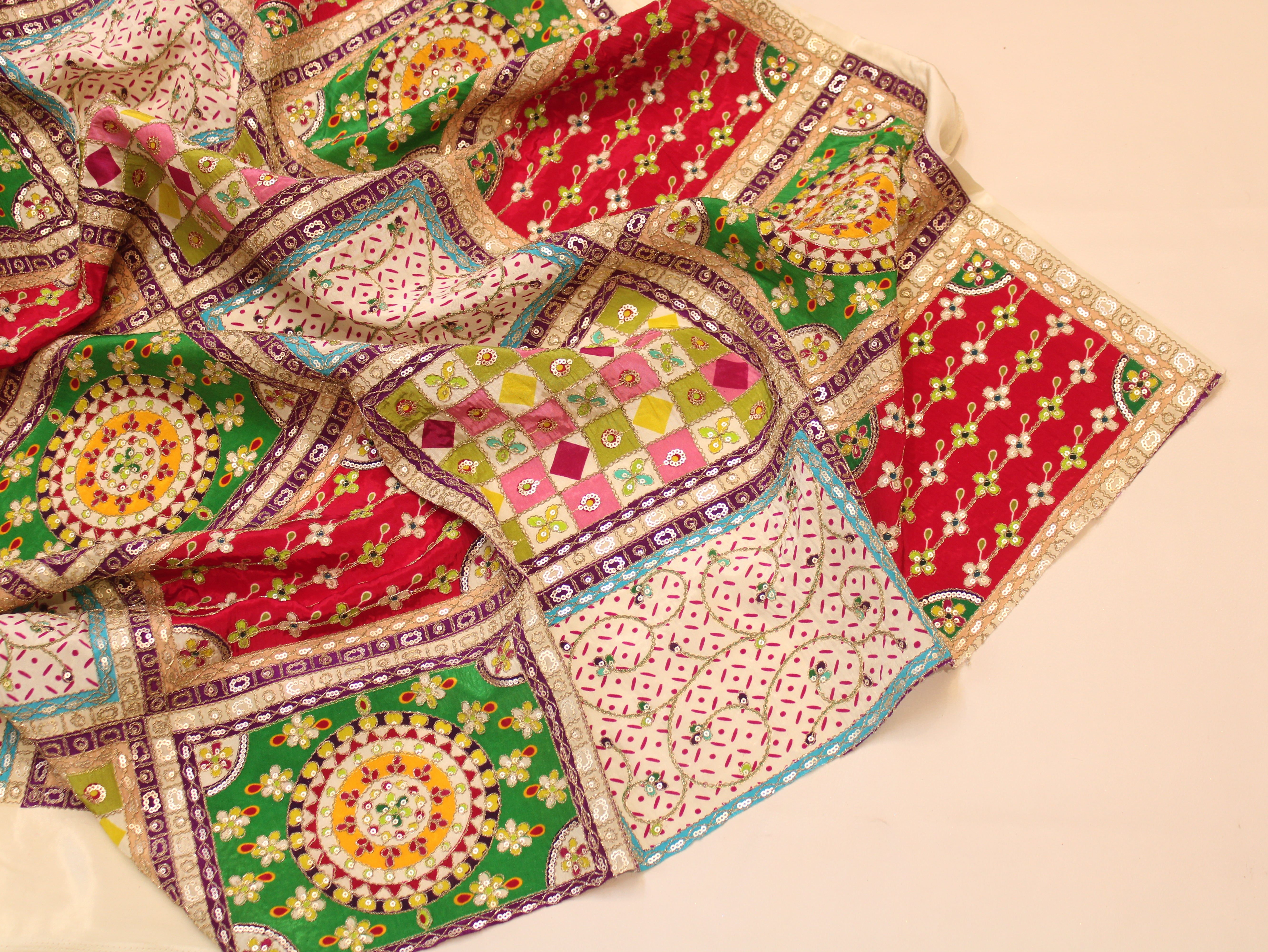 Natural Crepe Heavy Position Print Fabric With Cording & Sequin Work | Patchwork Design