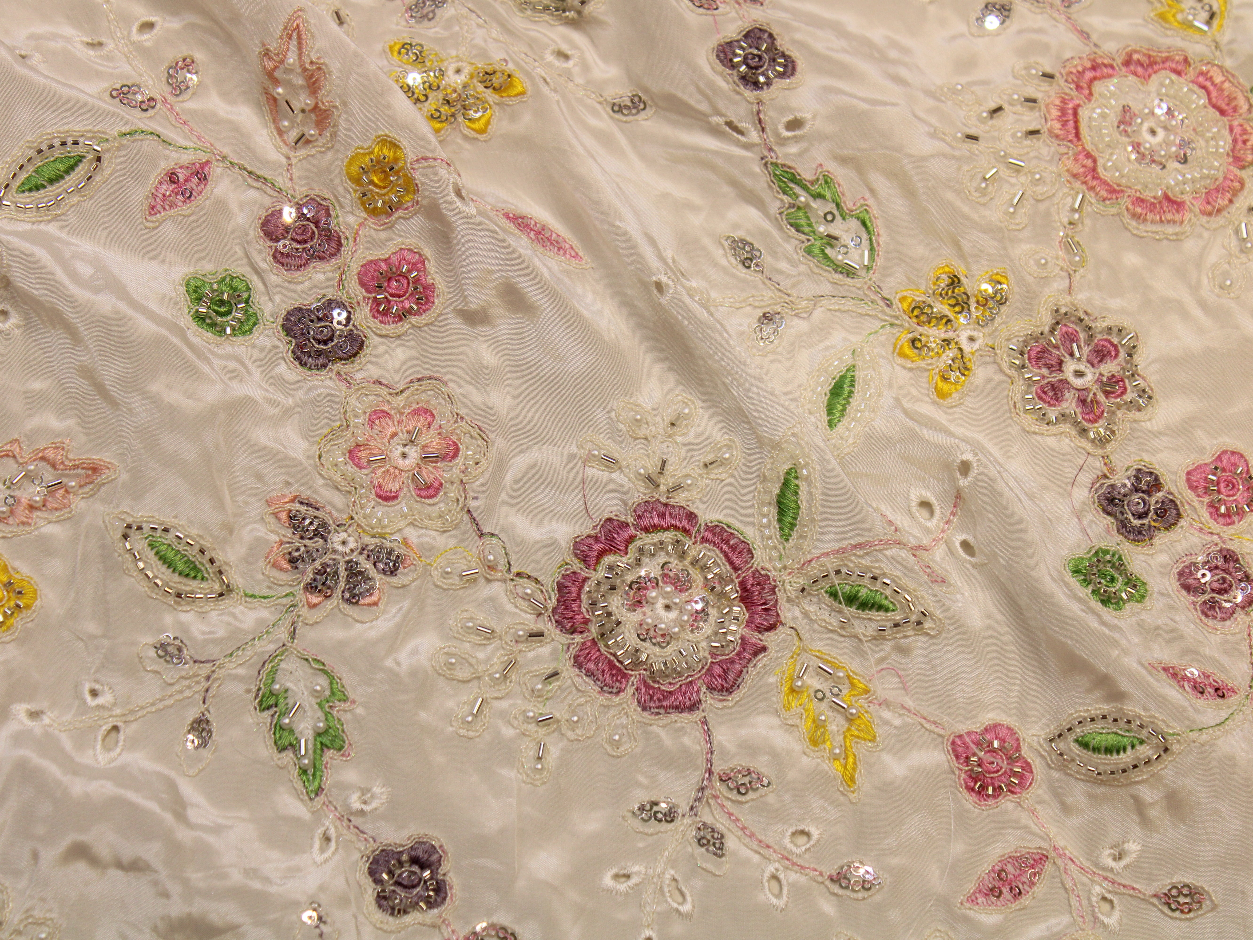 Glass Organza Fabric — Cream | Multi Colour Floral Thread, Pearl & Beads Work | Hakoba Cutwork | 44 Inch | Per Metre
