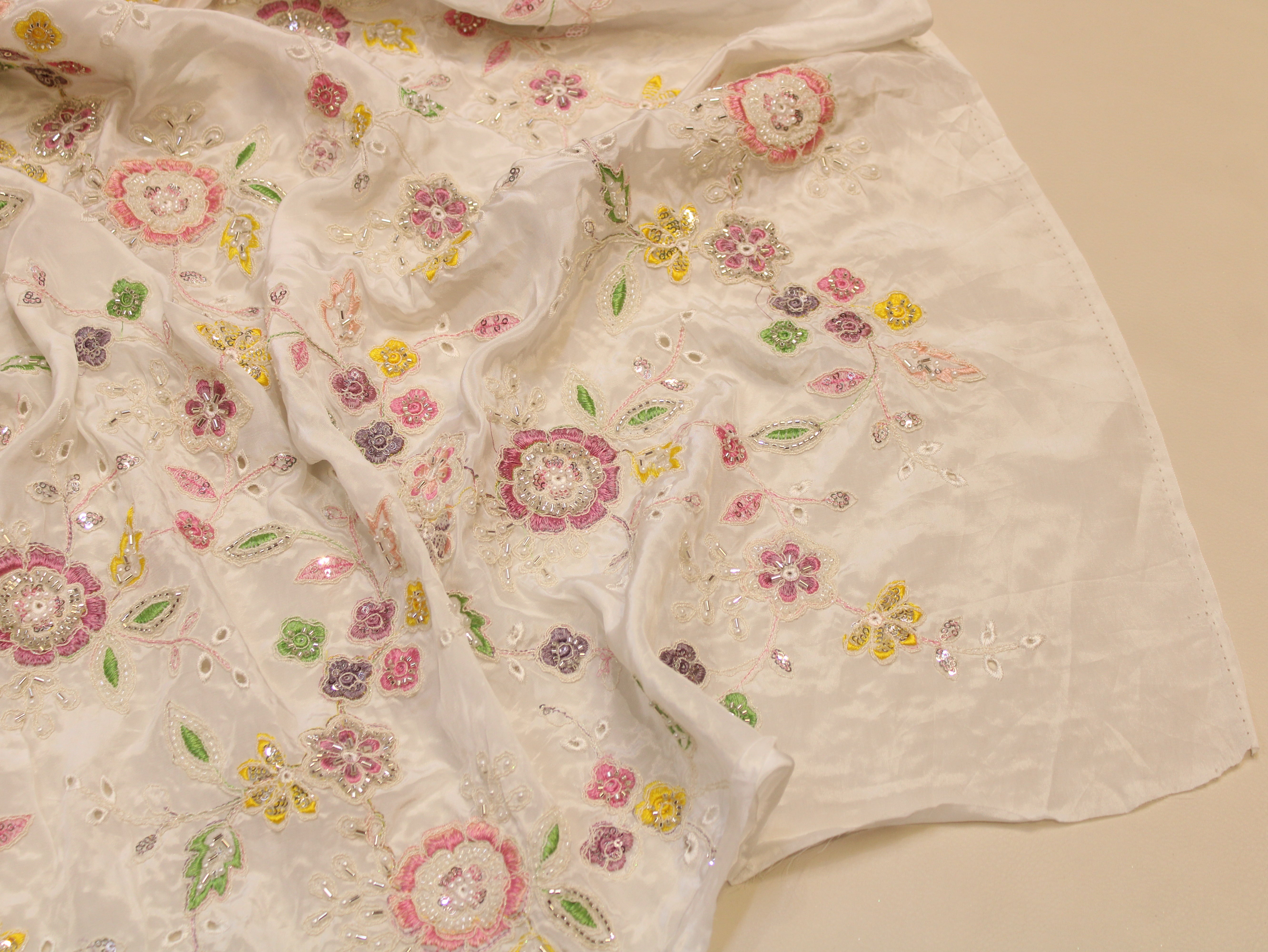 Glass Organza Fabric — Cream | Multi Colour Floral Thread, Pearl & Beads Work | Hakoba Cutwork | 44 Inch | Per Metre