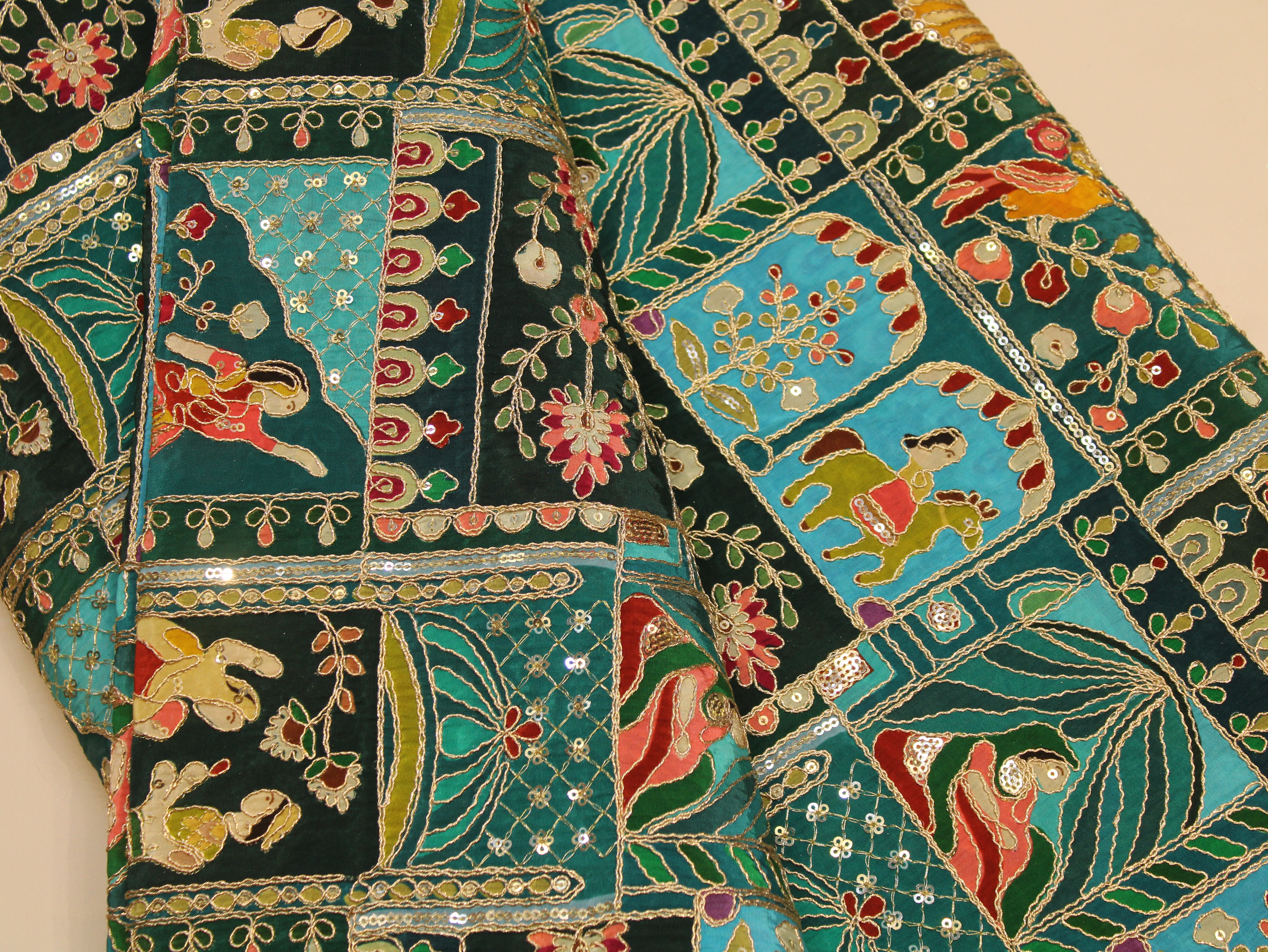 Natural Crepe Position Cording Work Fabric | Peacock Blue
