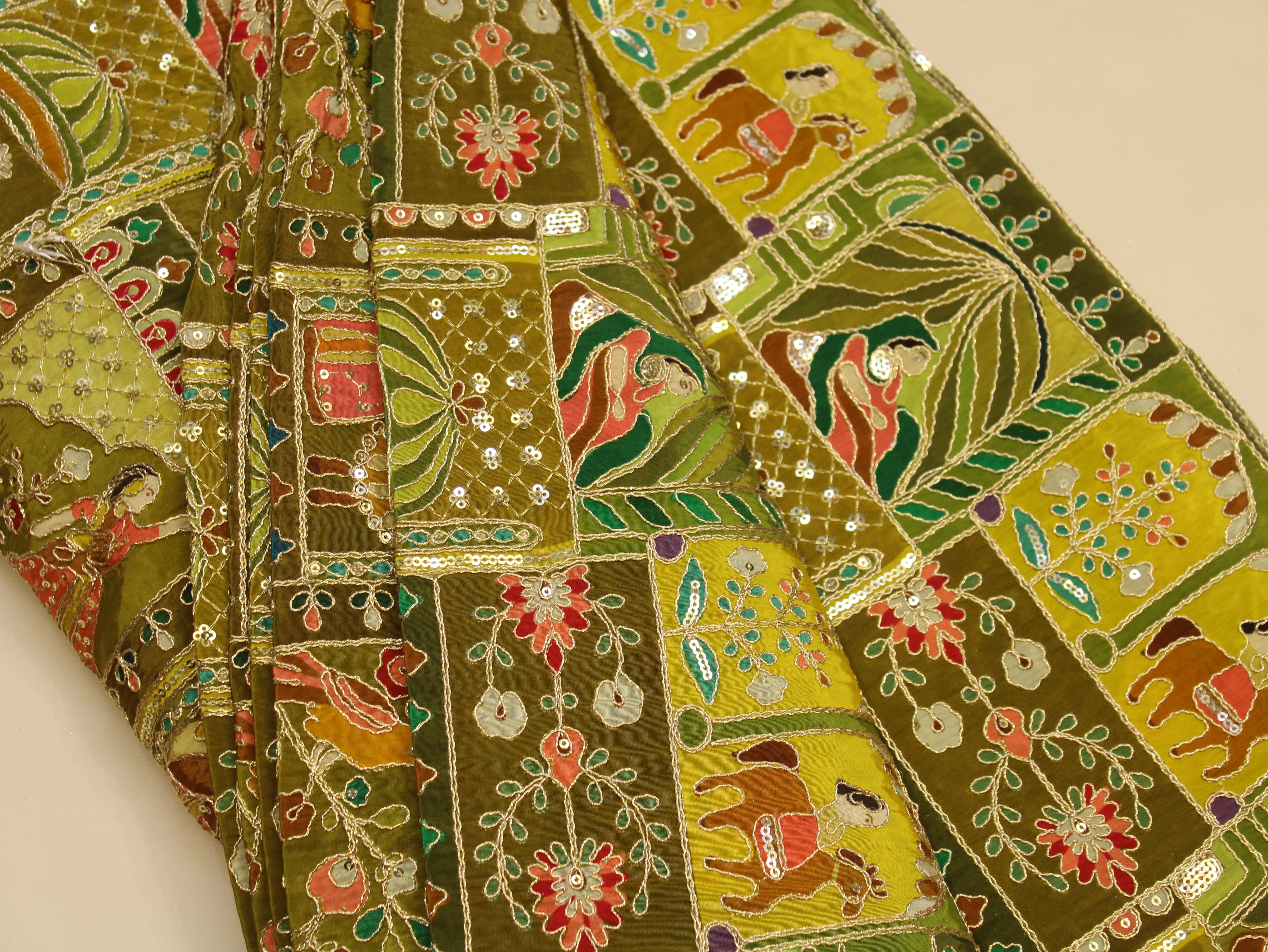 Natural Crepe Position Cording Work Fabric | Mehendi Green