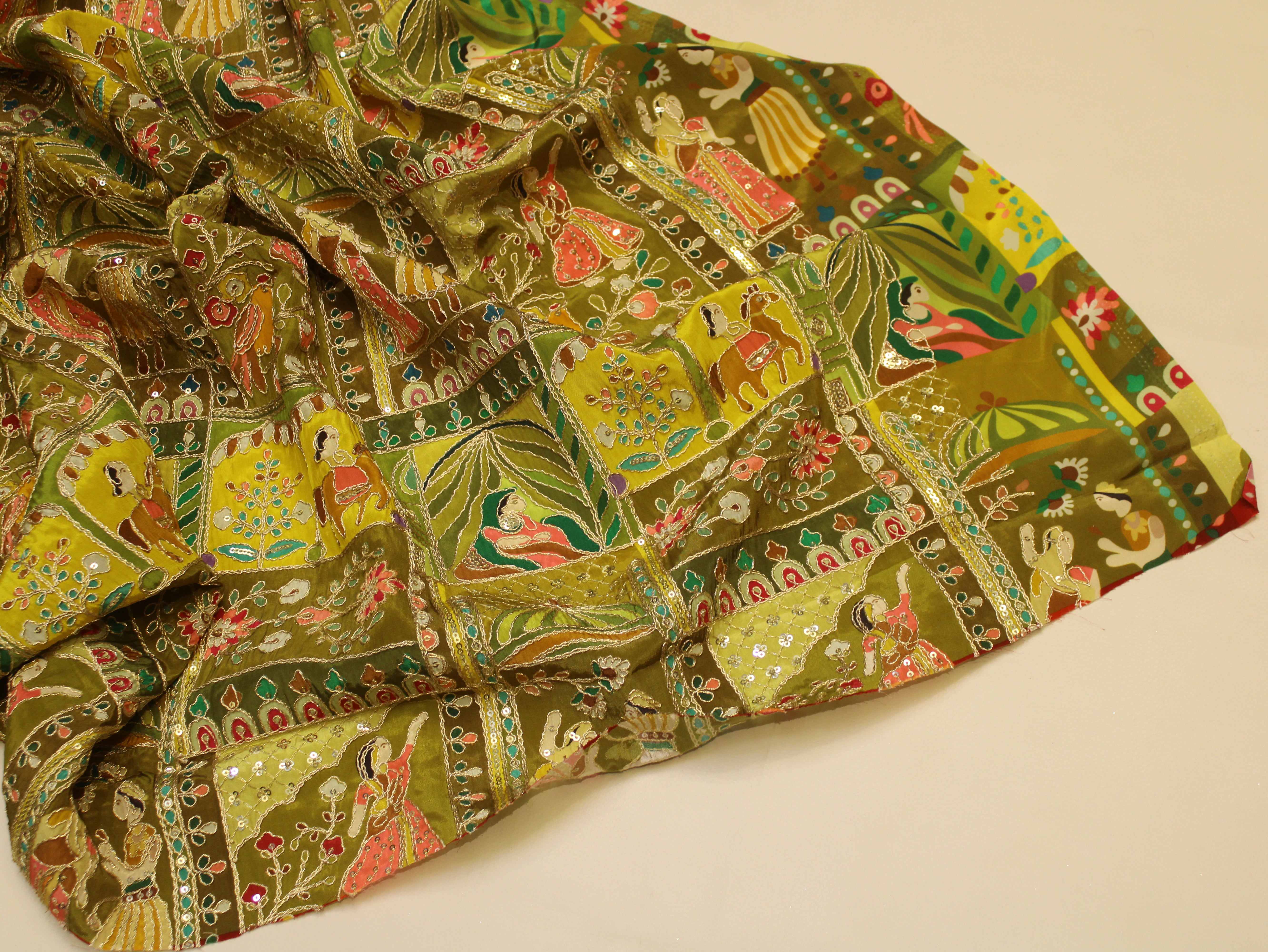 Natural Crepe Position Cording Work Fabric | Mehendi Green
