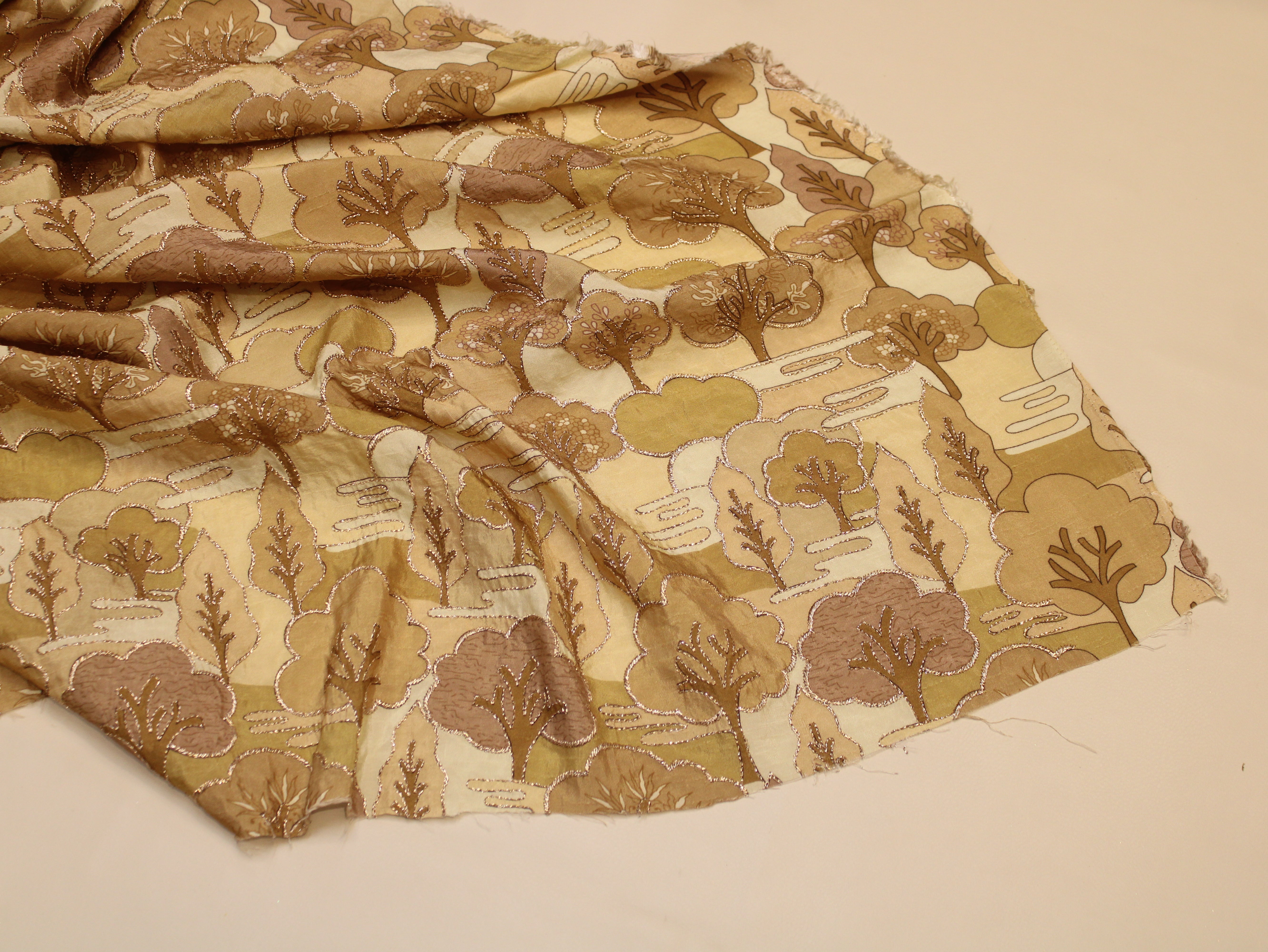 Dola Silk Position & Cording Work Fabric — Antique Gold | Abstract Tree & Floral | Gold Zari | 44 Inch | Per Metre