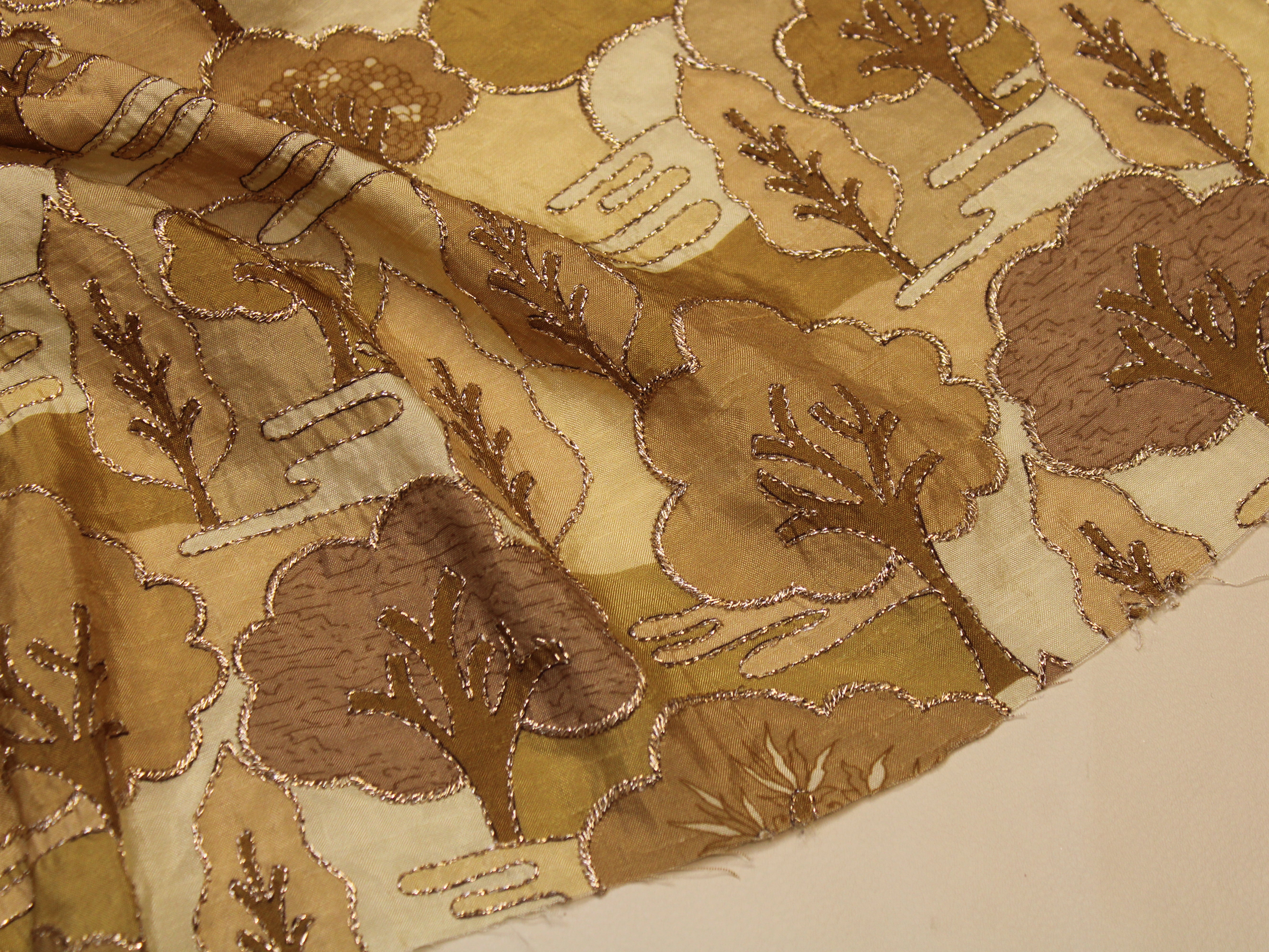 Dola Silk Position & Cording Work Fabric — Antique Gold | Abstract Tree & Floral | Gold Zari | 44 Inch | Per Metre