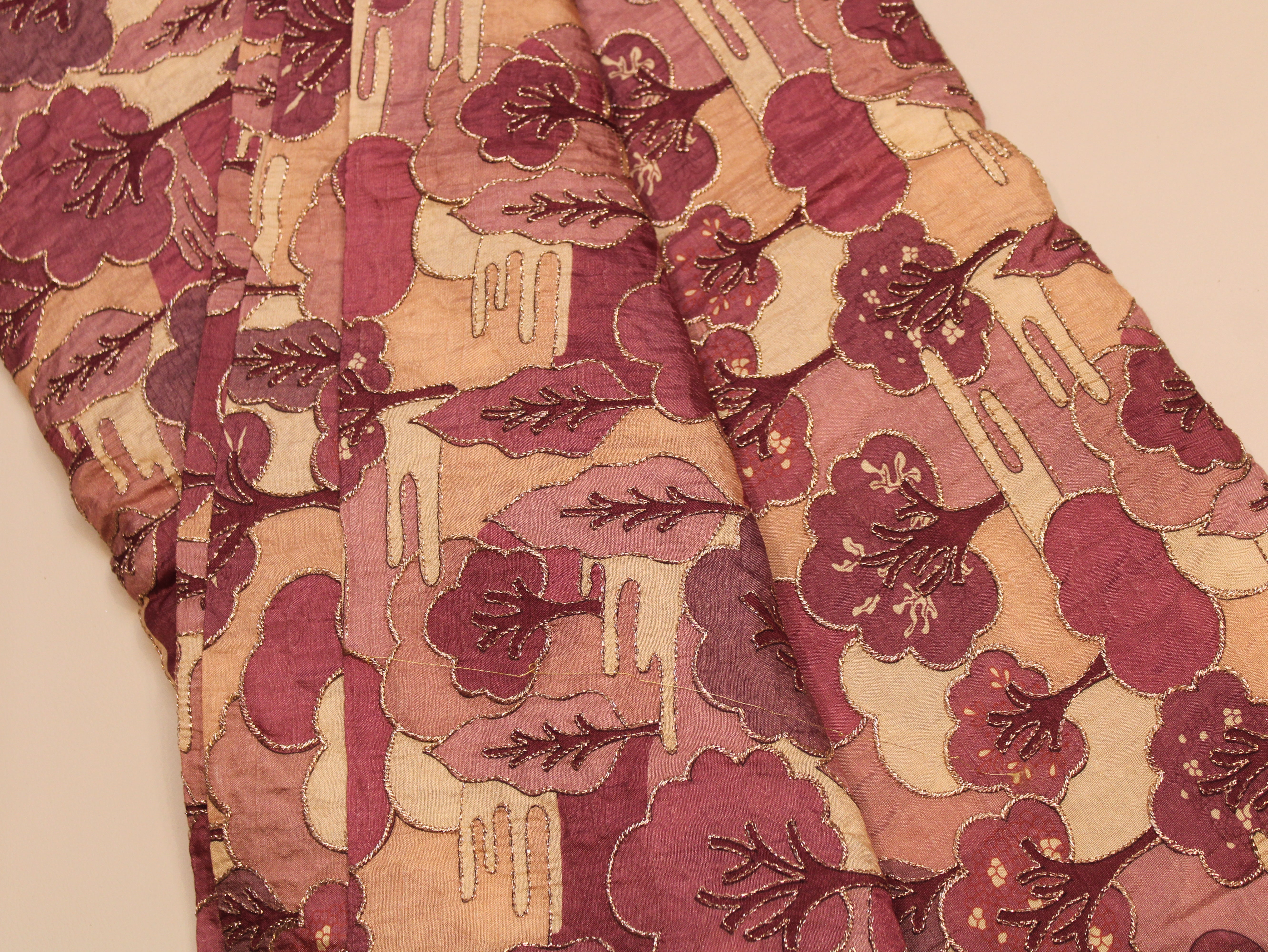 Dola Silk Position & Cording Work Fabric — Wine & Gold | Abstract Tree & Floral | Gold Zari | 44 Inch | Per Metre