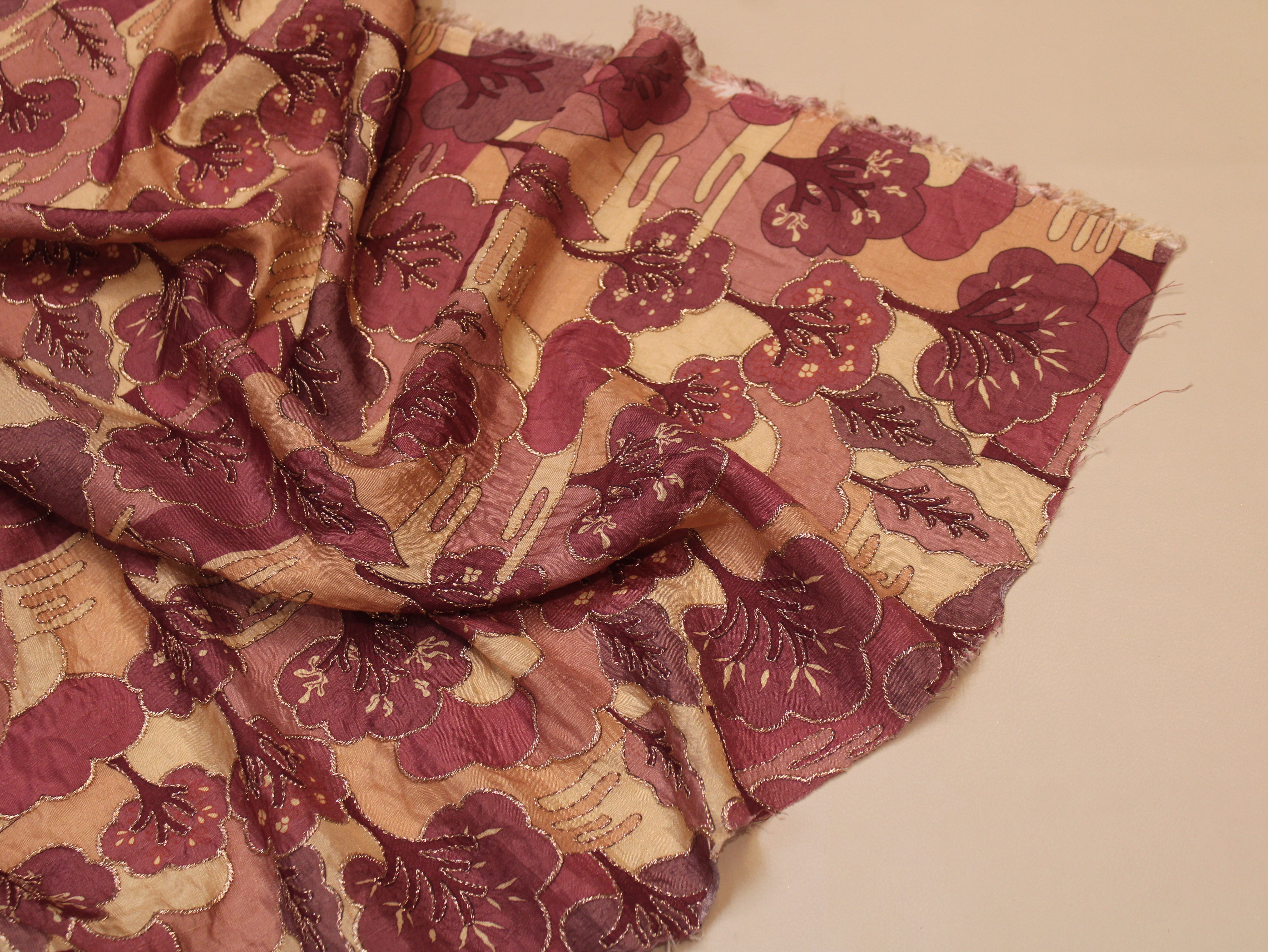 Dola Silk Position & Cording Work Fabric — Wine & Gold | Abstract Tree & Floral | Gold Zari | 44 Inch | Per Metre