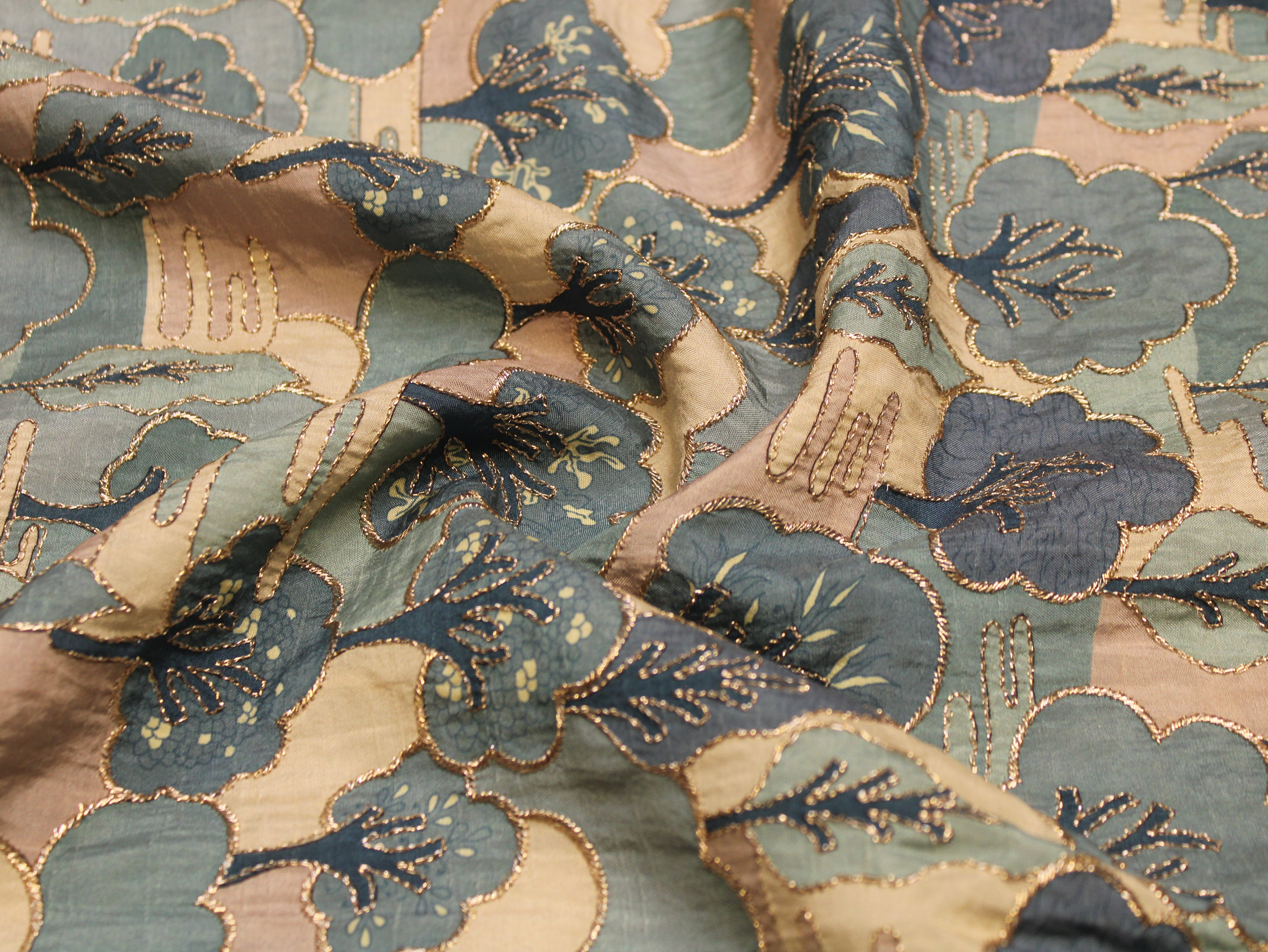 Teal & Cream Floral Digital Position Work Pure Dola Silk Fabric - 44 Inches