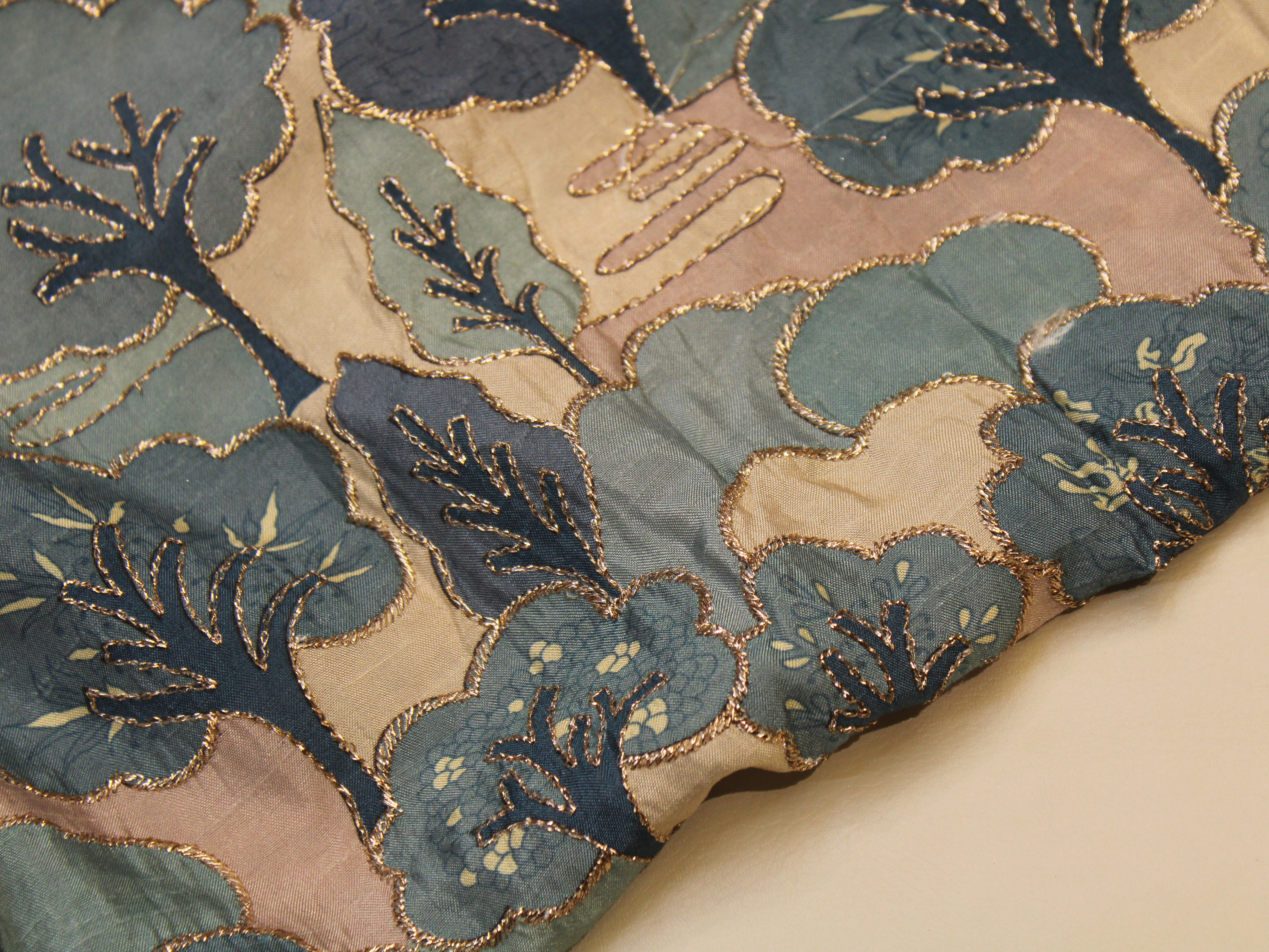 Teal & Cream Floral Digital Position Work Pure Dola Silk Fabric - 44 Inches