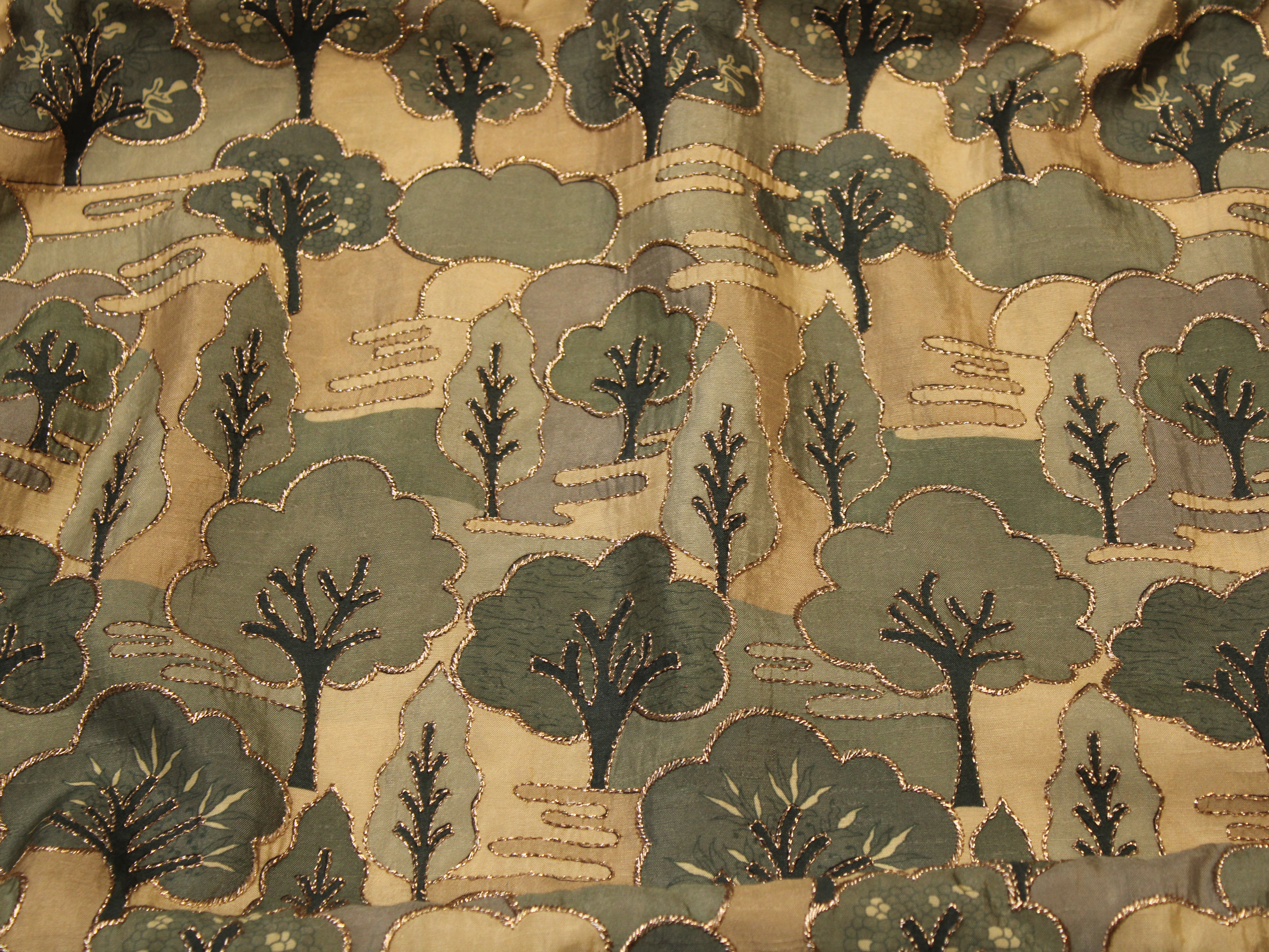 Dola Silk Position & Cording Work Fabric — Sage Green | Abstract Tree & Floral | Gold Zari | 44 Inch