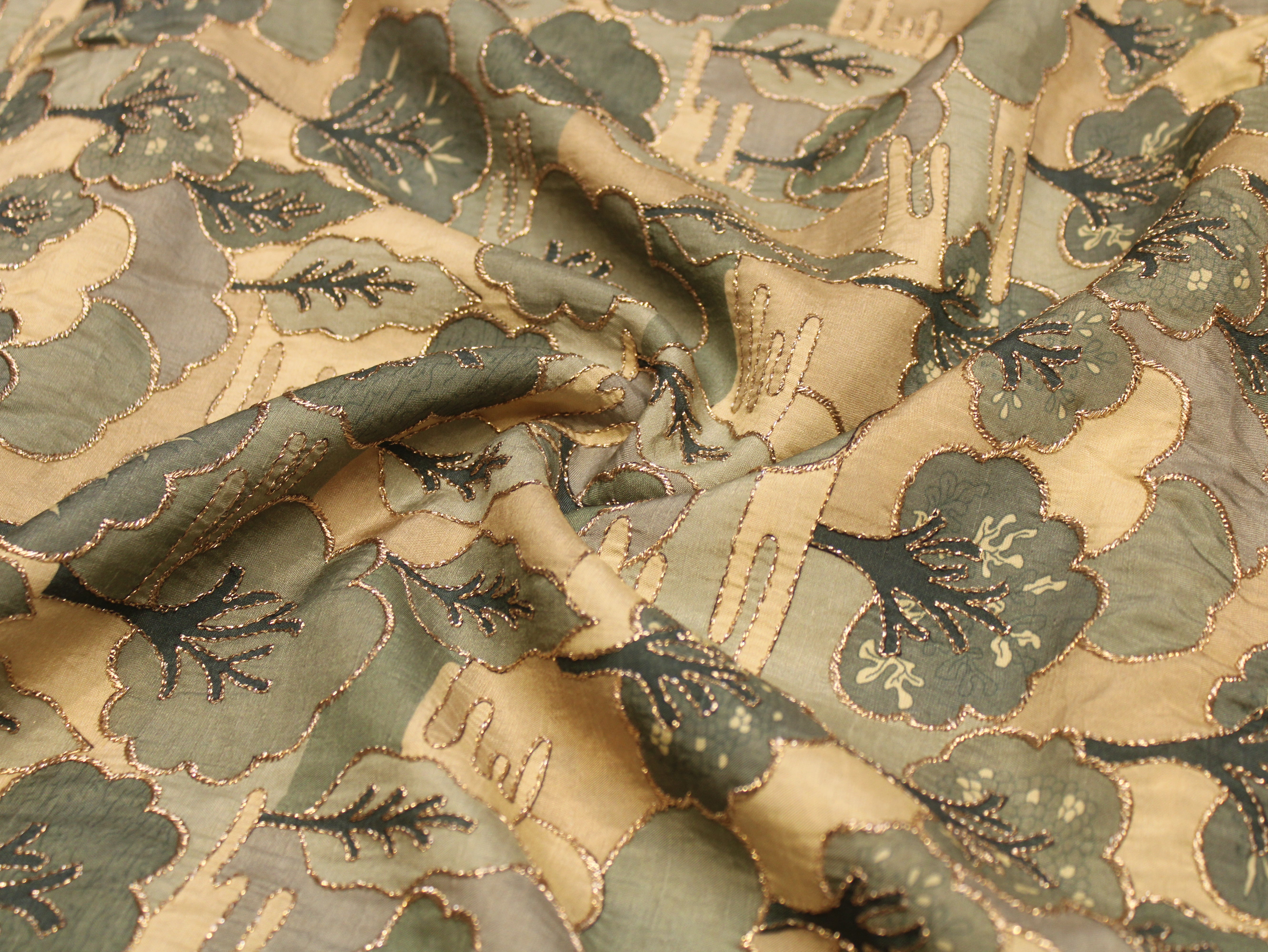 Dola Silk Position & Cording Work Fabric — Sage Green | Abstract Tree & Floral | Gold Zari | 44 Inch
