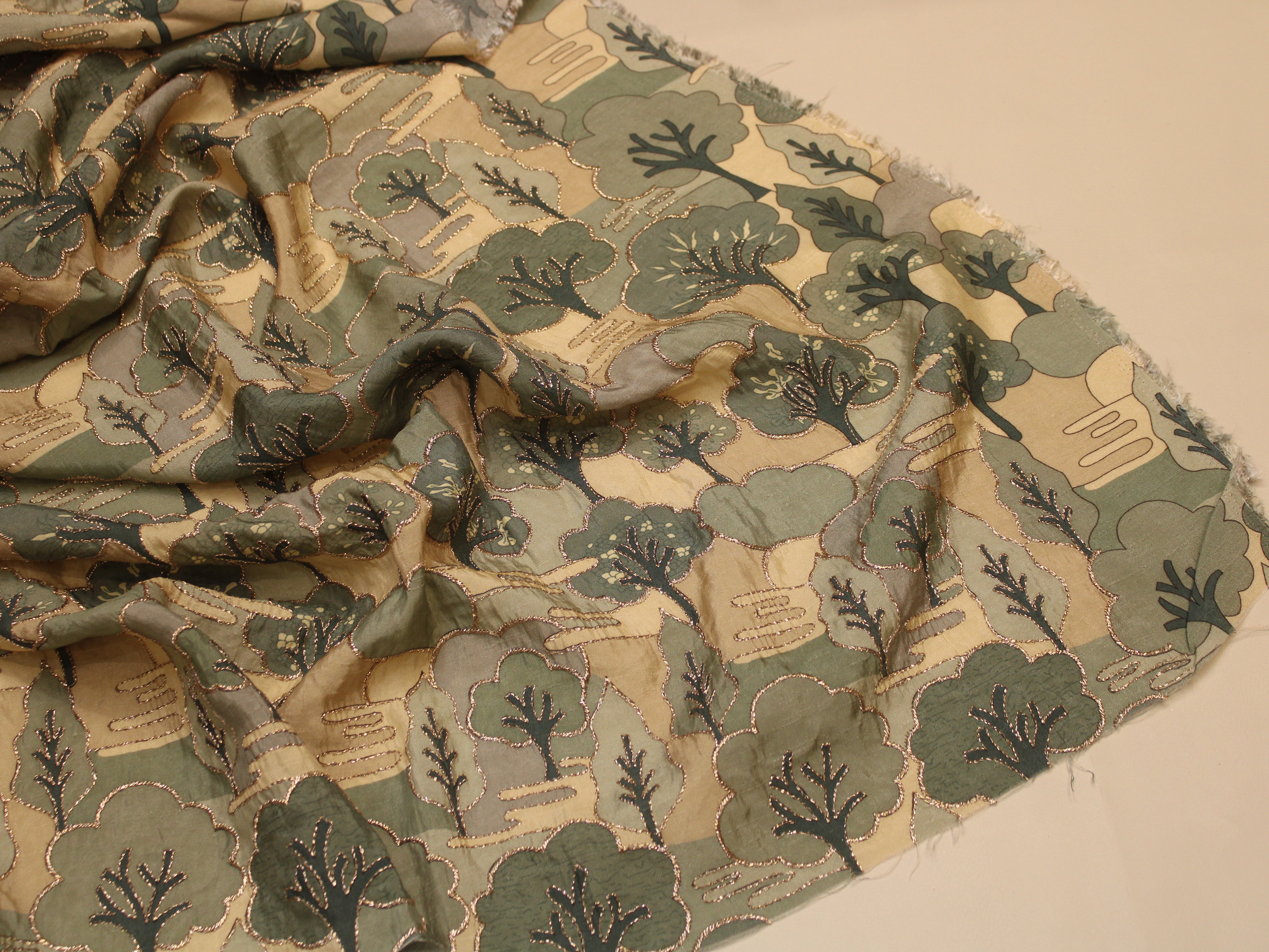 Dola Silk Position & Cording Work Fabric — Sage Green | Abstract Tree & Floral | Gold Zari | 44 Inch