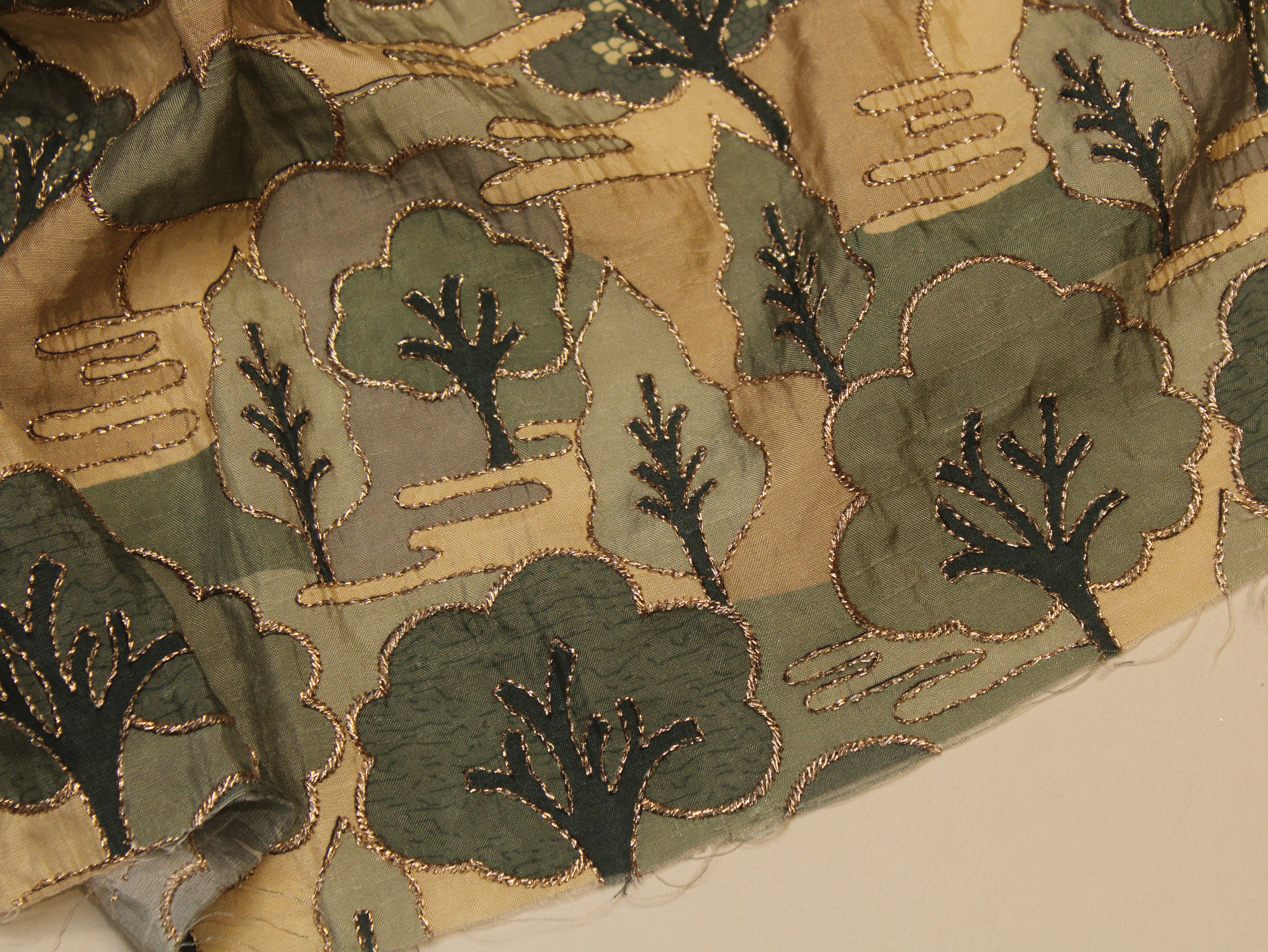 Dola Silk Position & Cording Work Fabric — Sage Green | Abstract Tree & Floral | Gold Zari | 44 Inch
