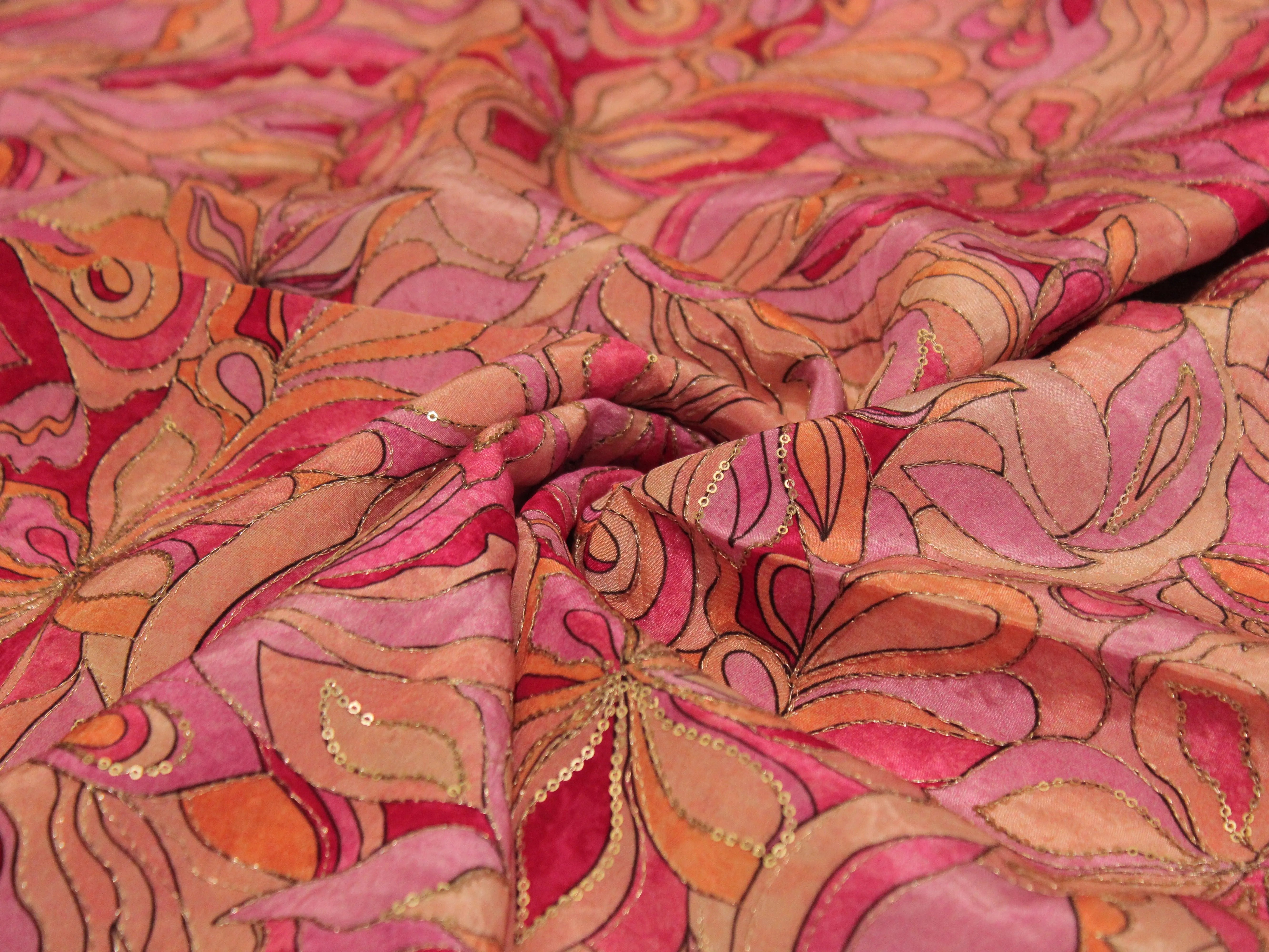 POSH : Digital Print with position work Pure Crepe Fabric - Onion Pink