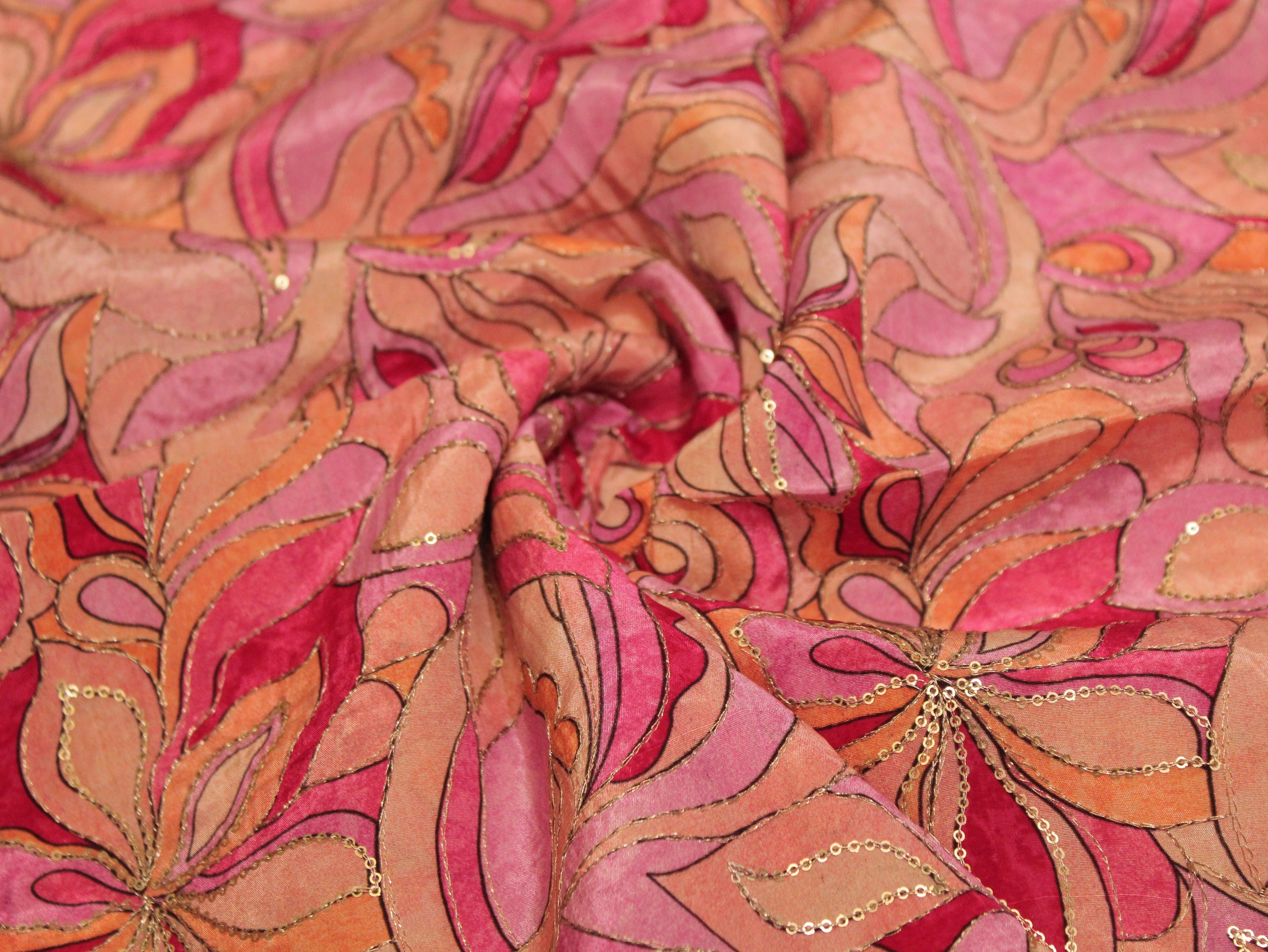 POSH : Digital Print with position work Pure Crepe Fabric - Onion Pink