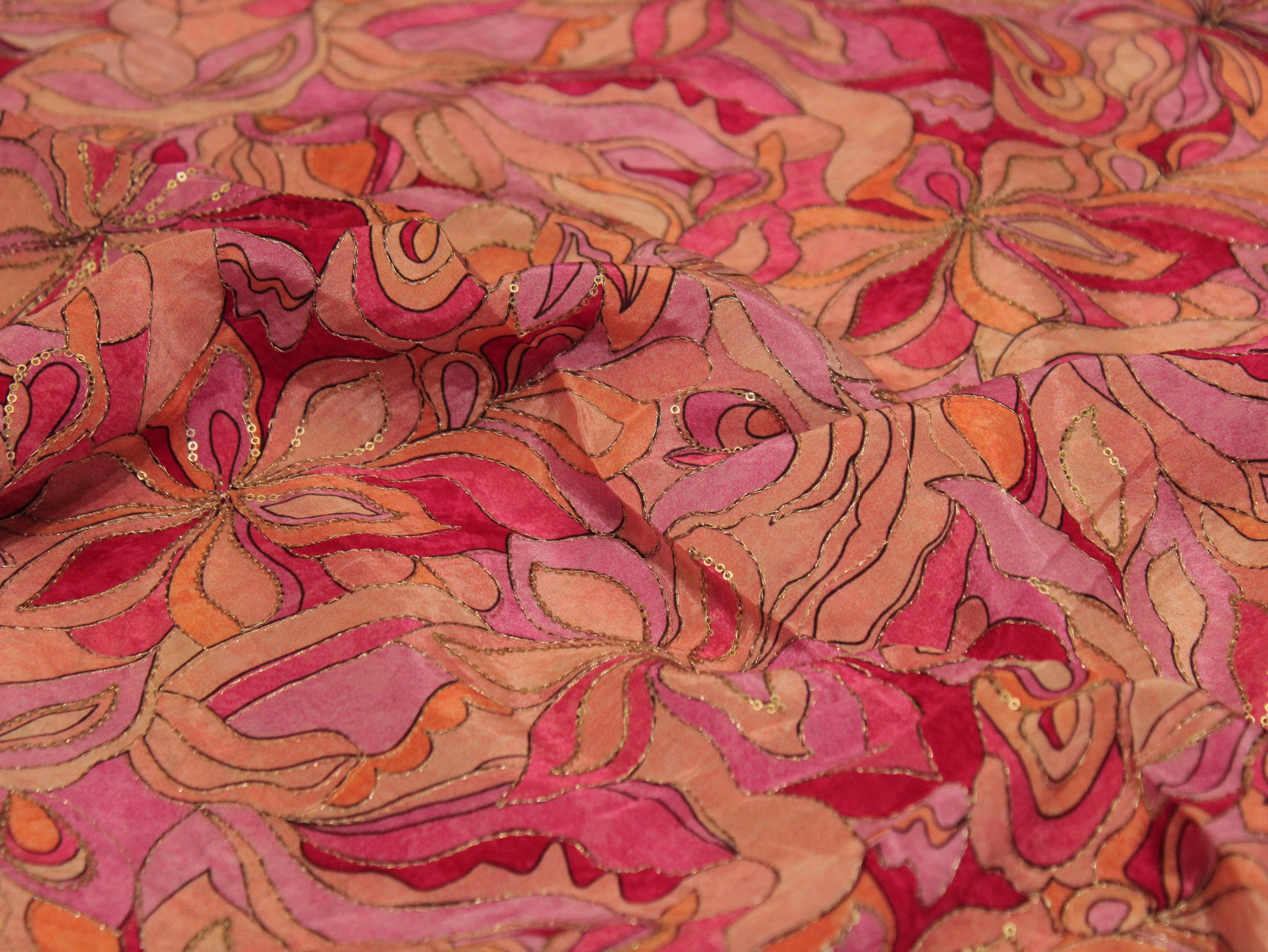 POSH : Digital Print with position work Pure Crepe Fabric - Onion Pink