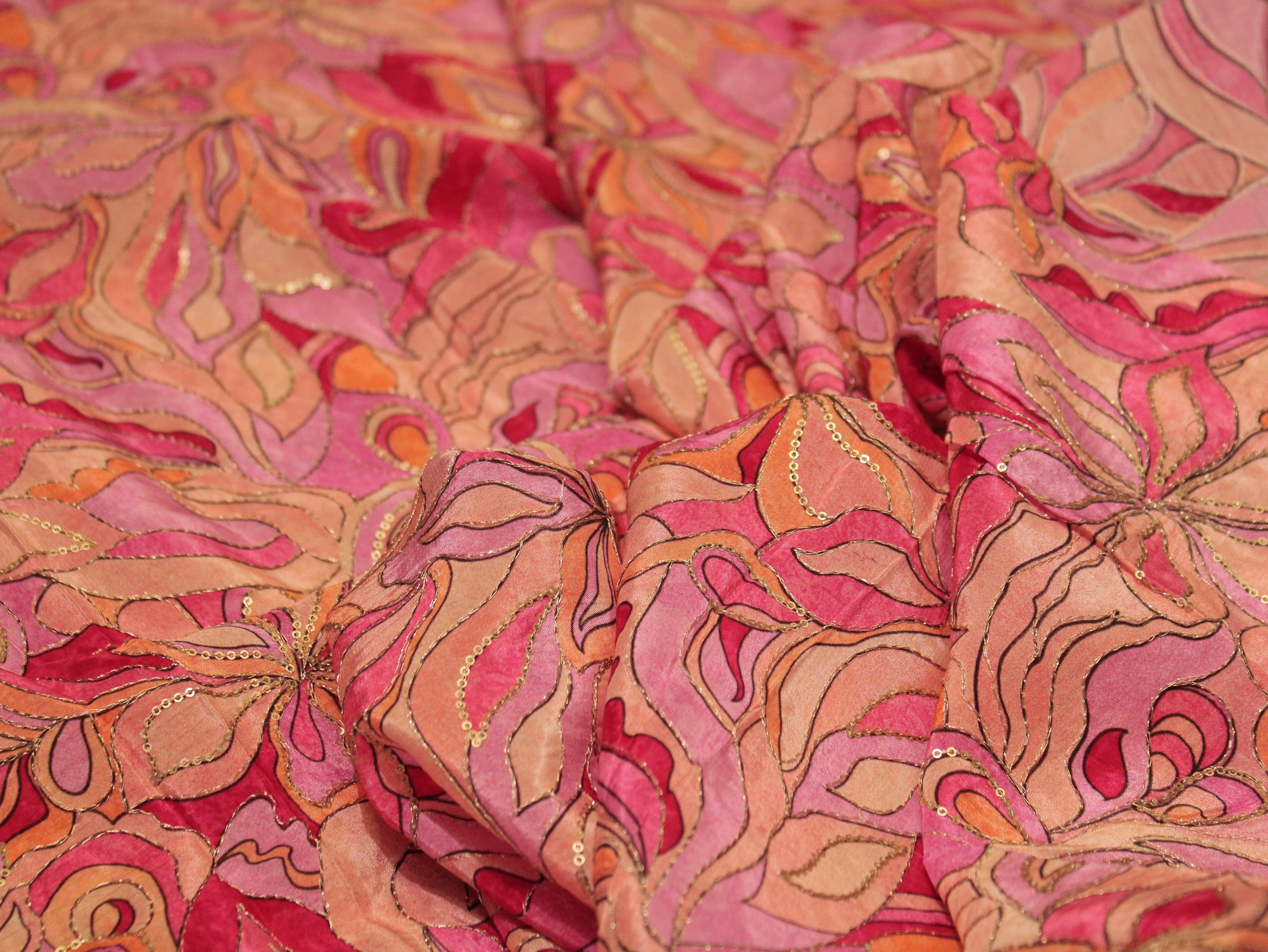 POSH : Digital Print with position work Pure Crepe Fabric - Onion Pink