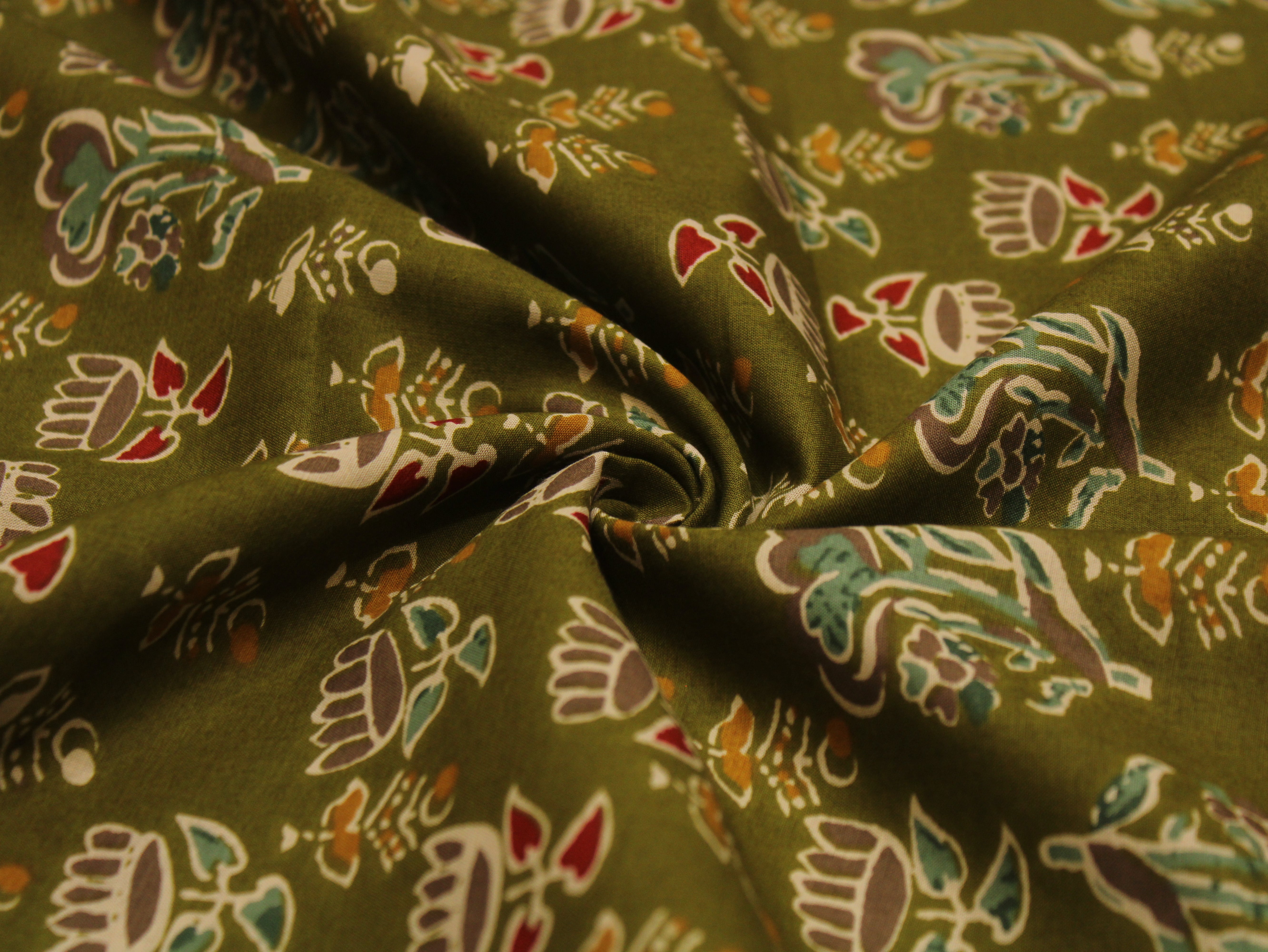 Pure Cotton Premium Printed Fabric 44" Width - Digital Print - Motifs | Olive Green