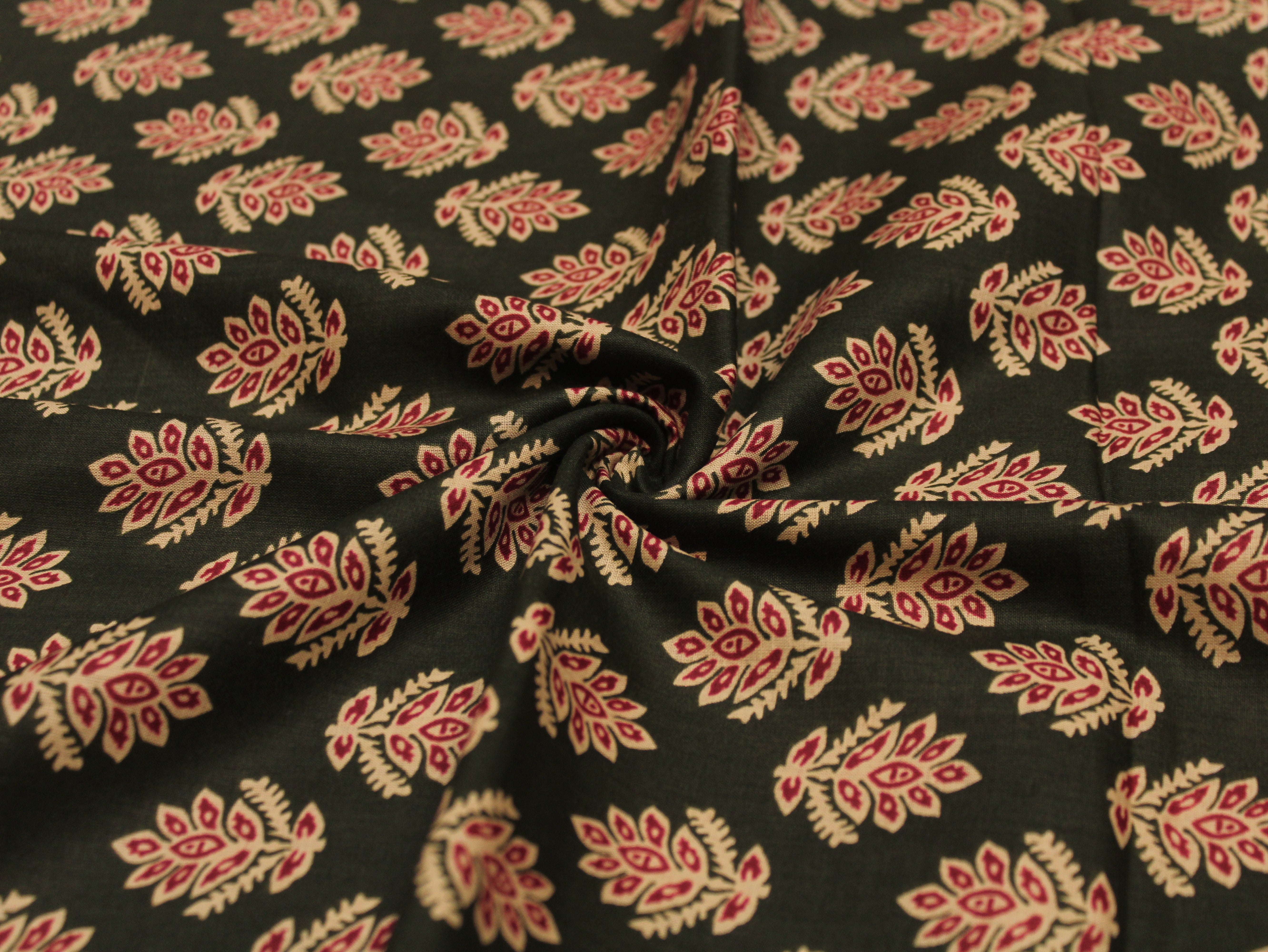 Pure Cotton Premium Printed Fabric 44" Width - Digital Print - Motifs | Dark Green