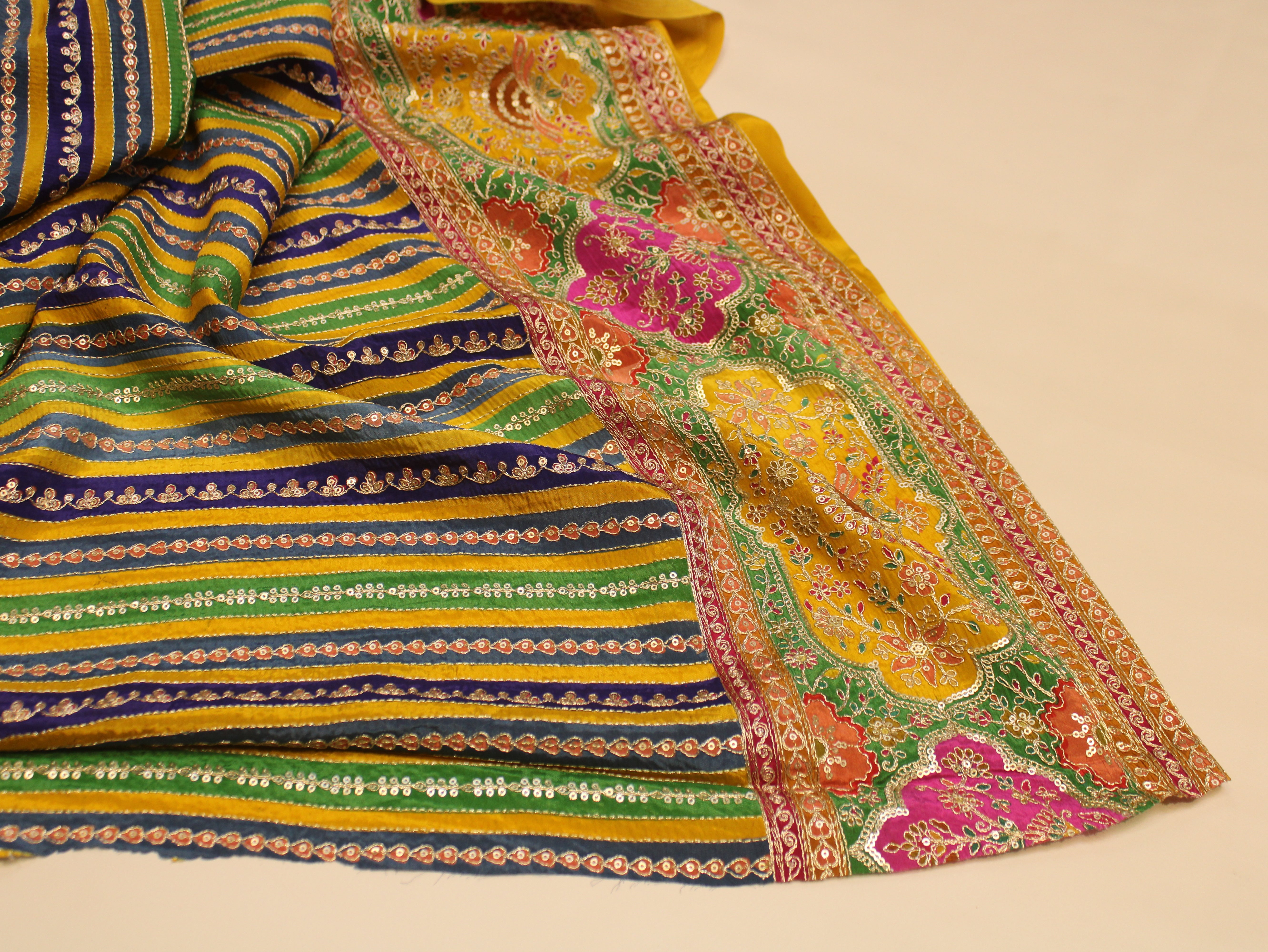 Natural Crepe fabric with Position & Cording Work - Green & Blue | Gold Zari Embroidery