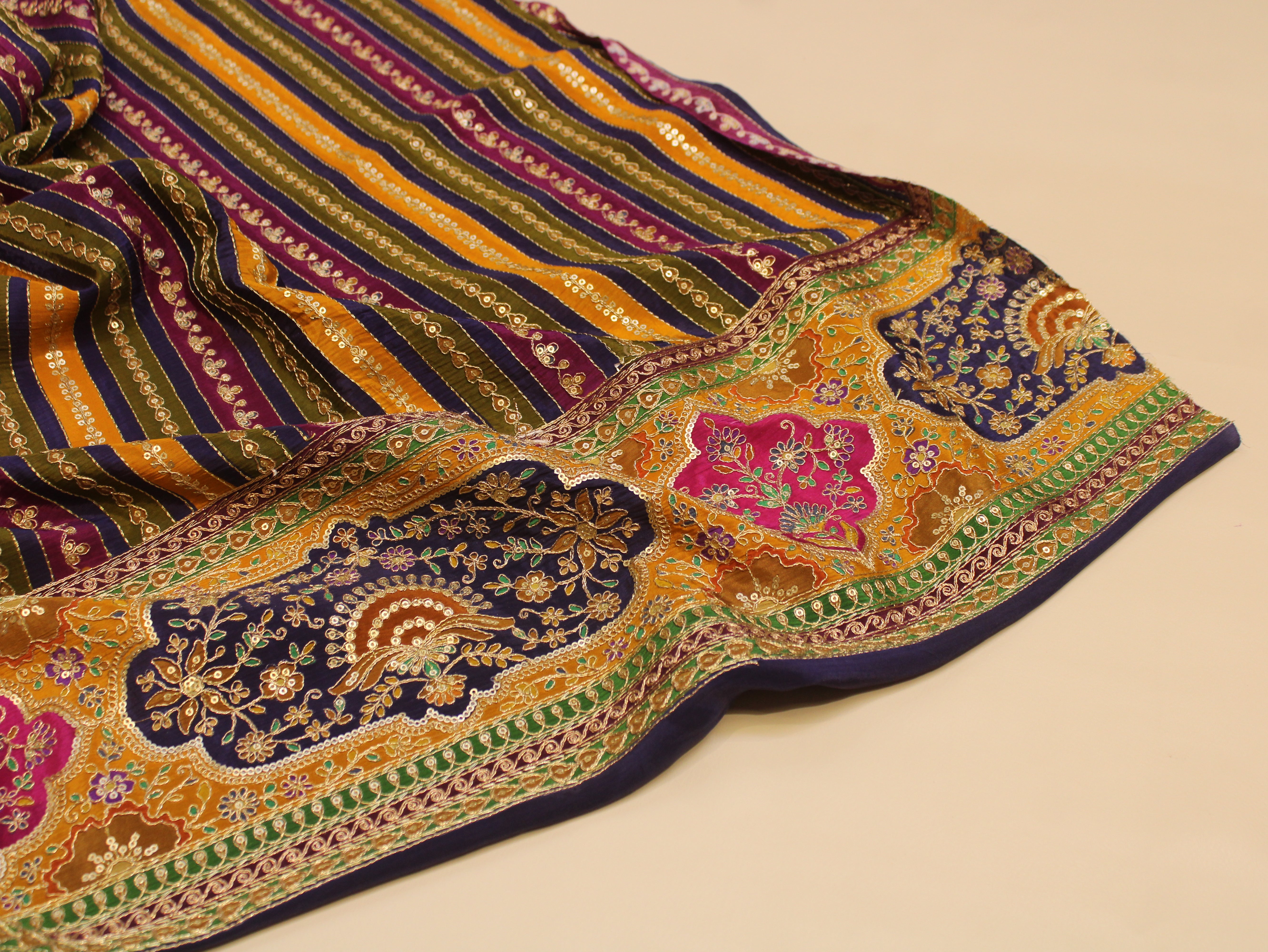 Natural Crepe fabric with Position & Cording Work - Magenta & Blue | Gold Zari Embroidery