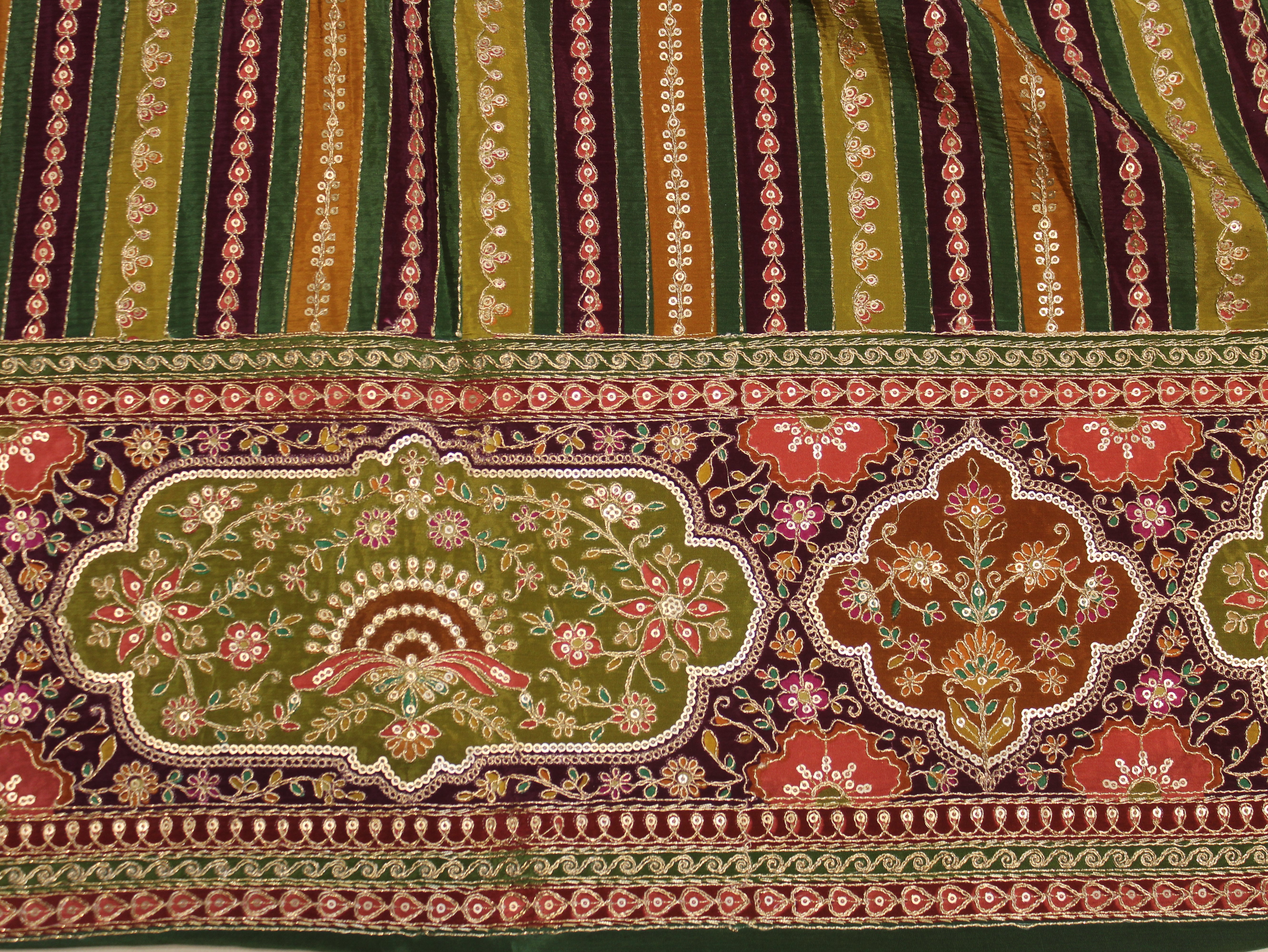 Natural Crepe fabric with Position & Cording Work - Wine & Green | Gold Zari Embroidery