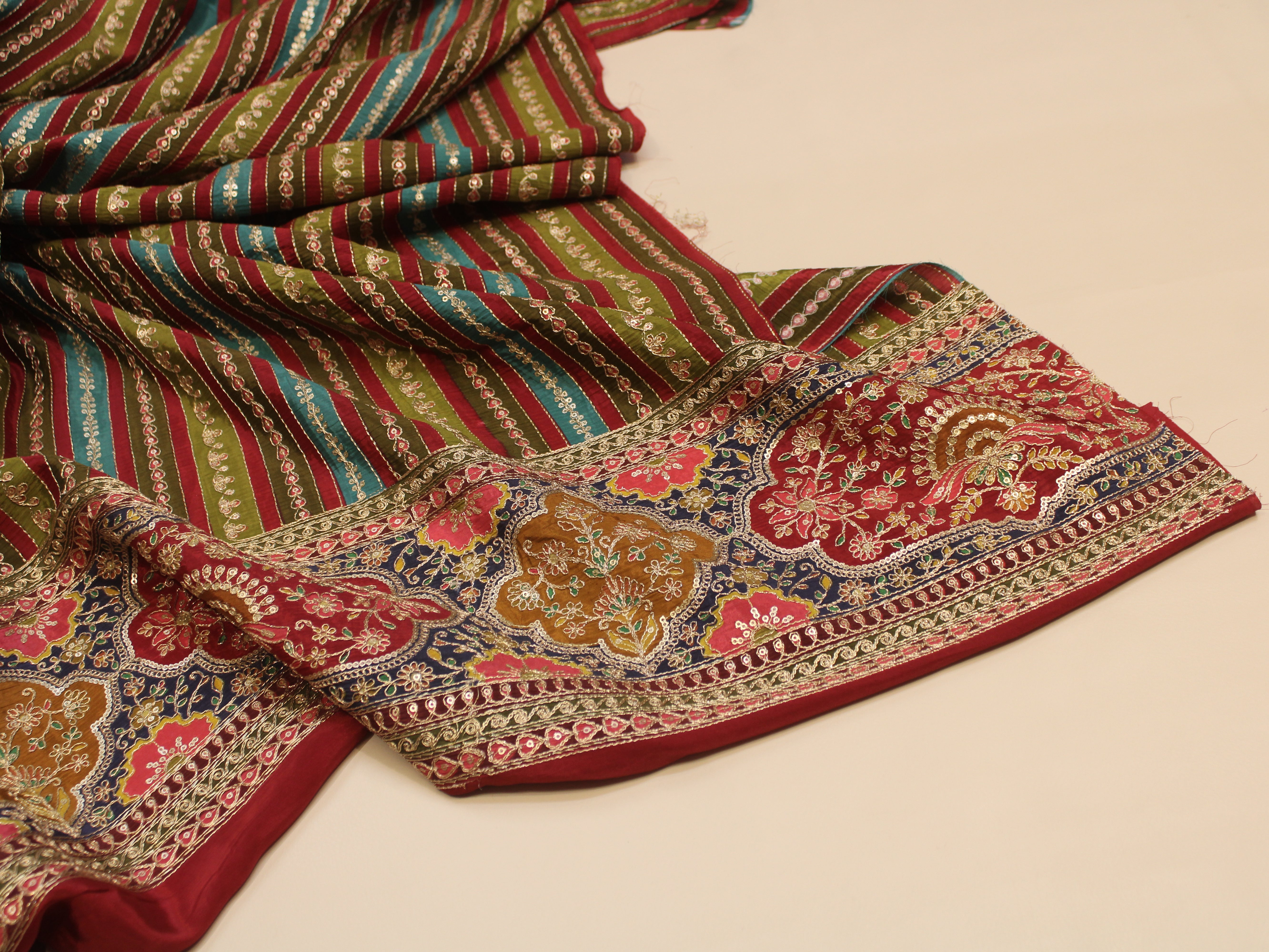 Natural Crepe fabric with Position & Cording Work - Maroon & Green | Gold Zari Embroidery