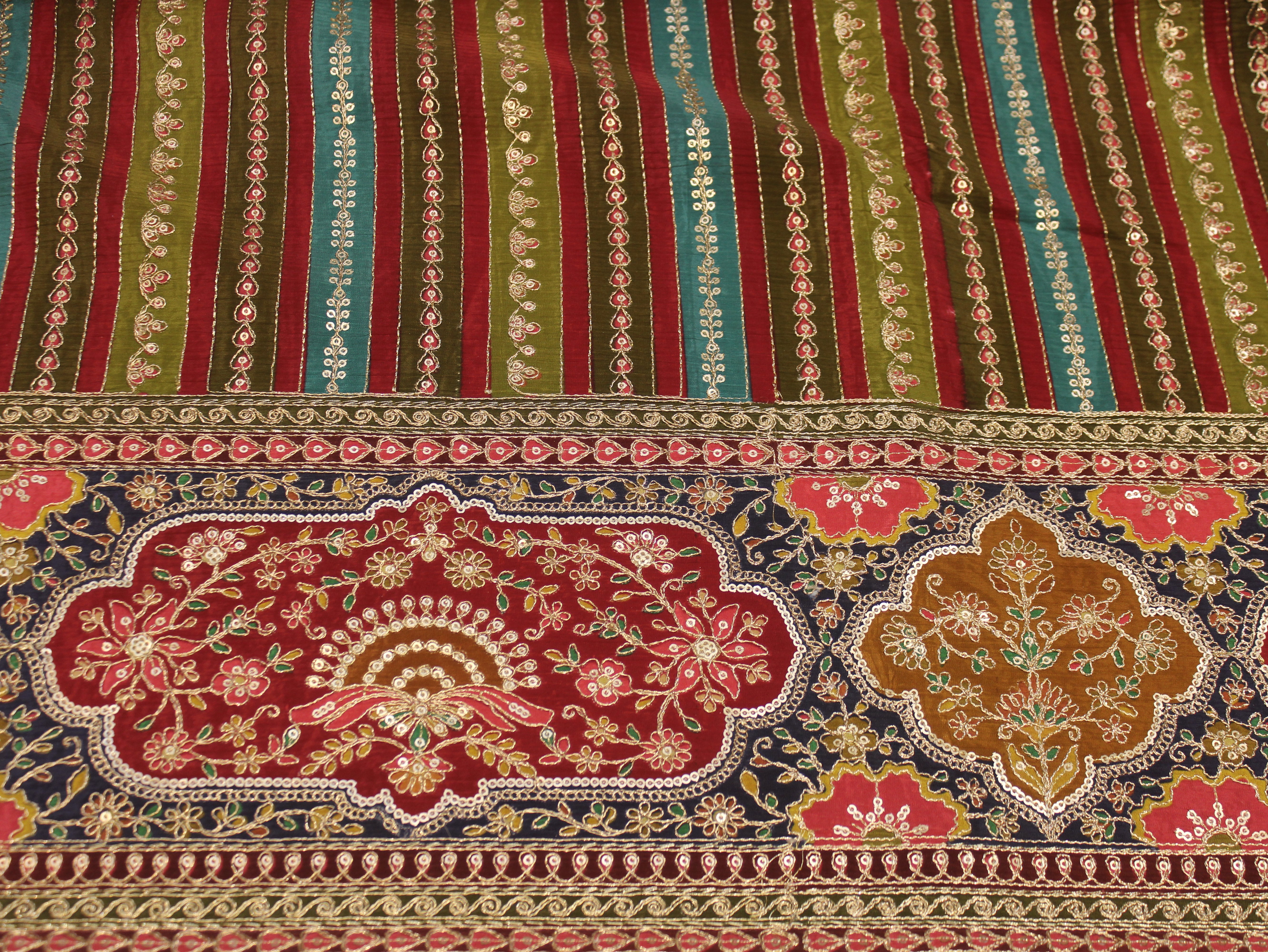 Natural Crepe fabric with Position & Cording Work - Maroon & Green | Gold Zari Embroidery