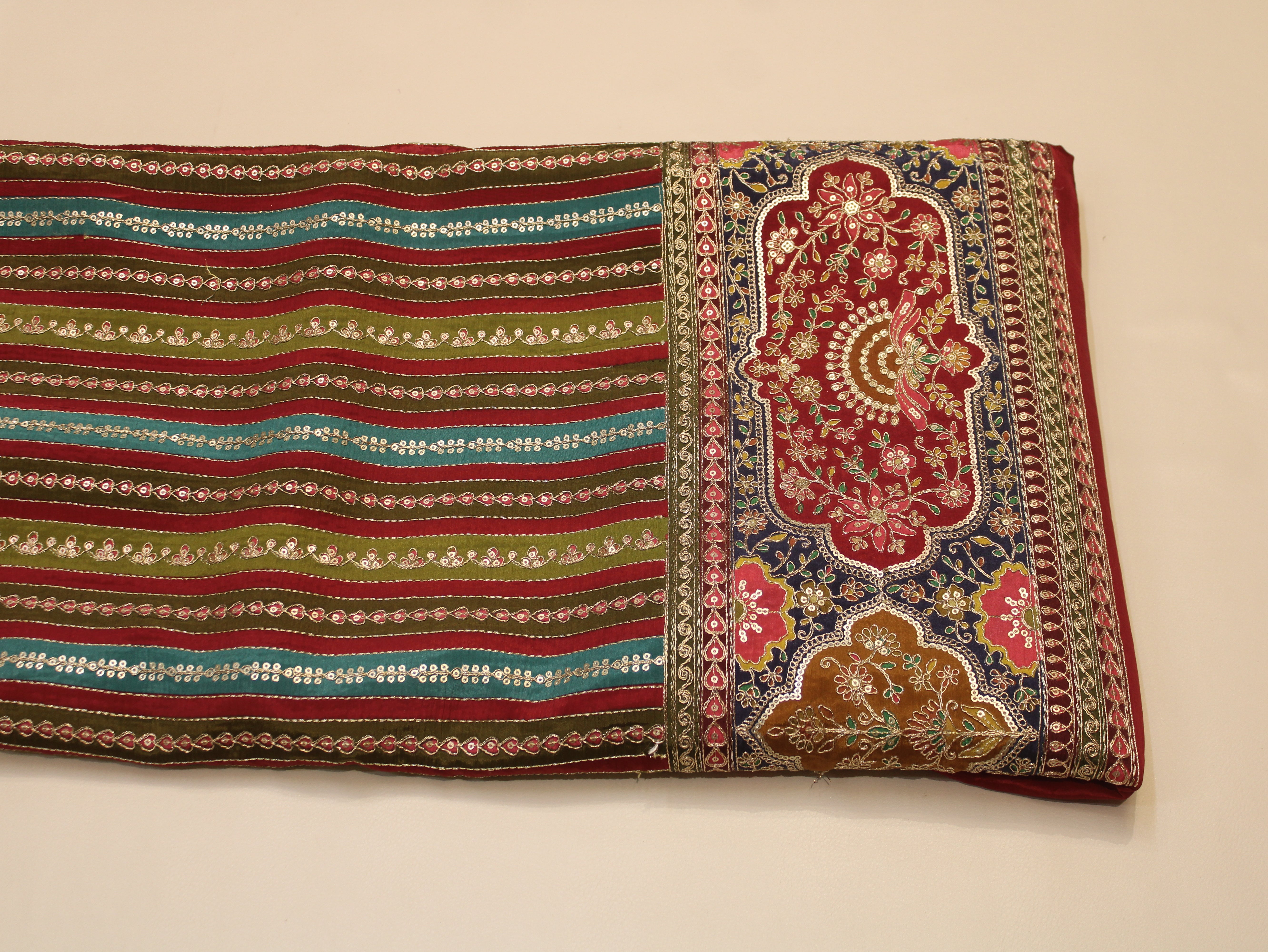 Natural Crepe fabric with Position & Cording Work - Maroon & Green | Gold Zari Embroidery